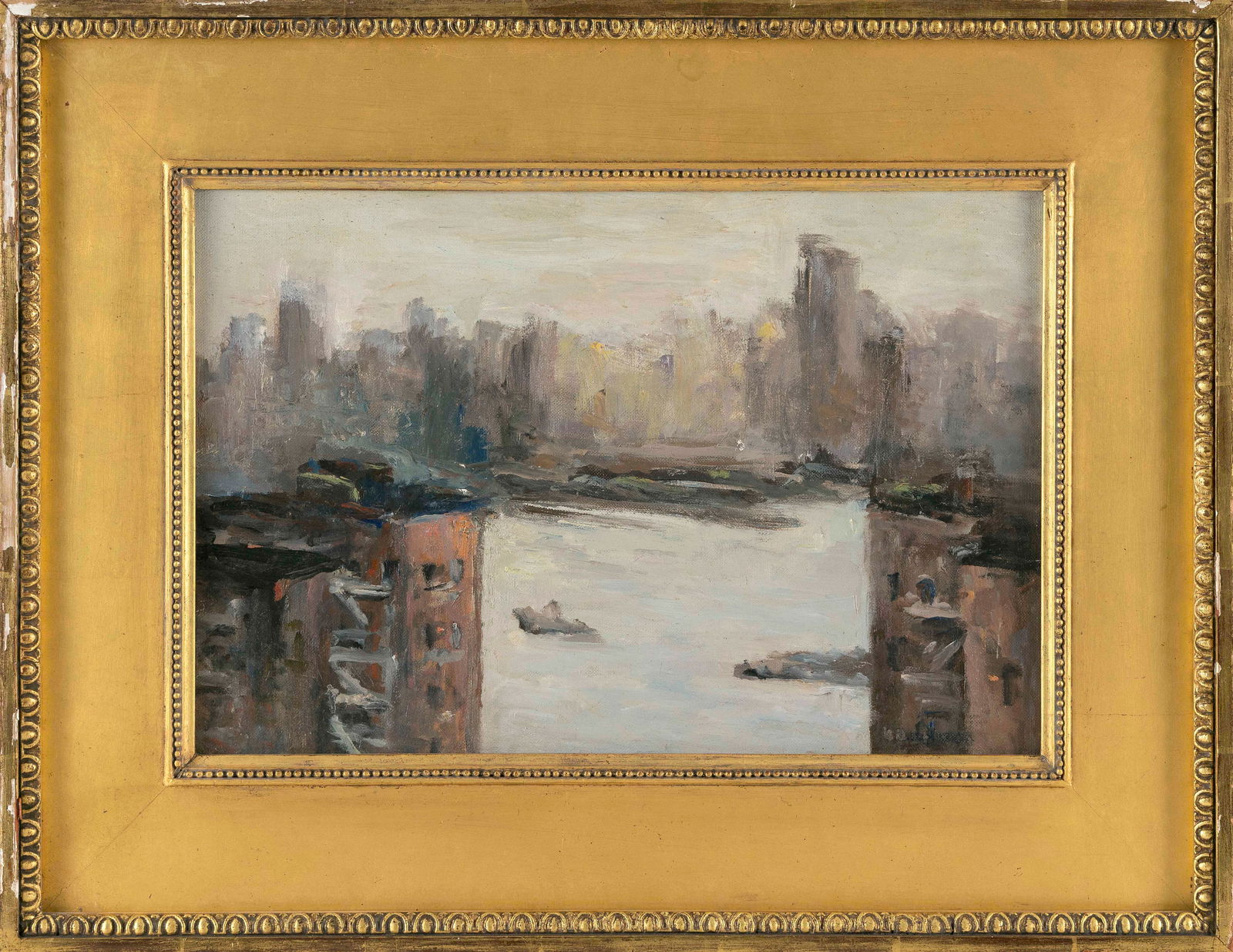 AMERICAN SCHOOL (20th Century,), City harbor., Oil on canvas board, 10.75" x 16". Framed 17" x (1 of 2)