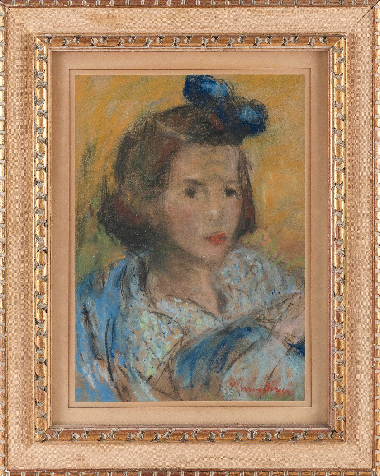 PORTRAIT OF A YOUNG GIRL Mid-20th Century Pastel on paper, 18" x 13" sight. Framed 28" x 22".: PORTRAIT OF A YOUNG GIRL Mid-20th Century Wearing a blue bow in her hair. Signed illegibly lower right. Pastel on paper, 18" x 13" sight. Framed 28" x 22".