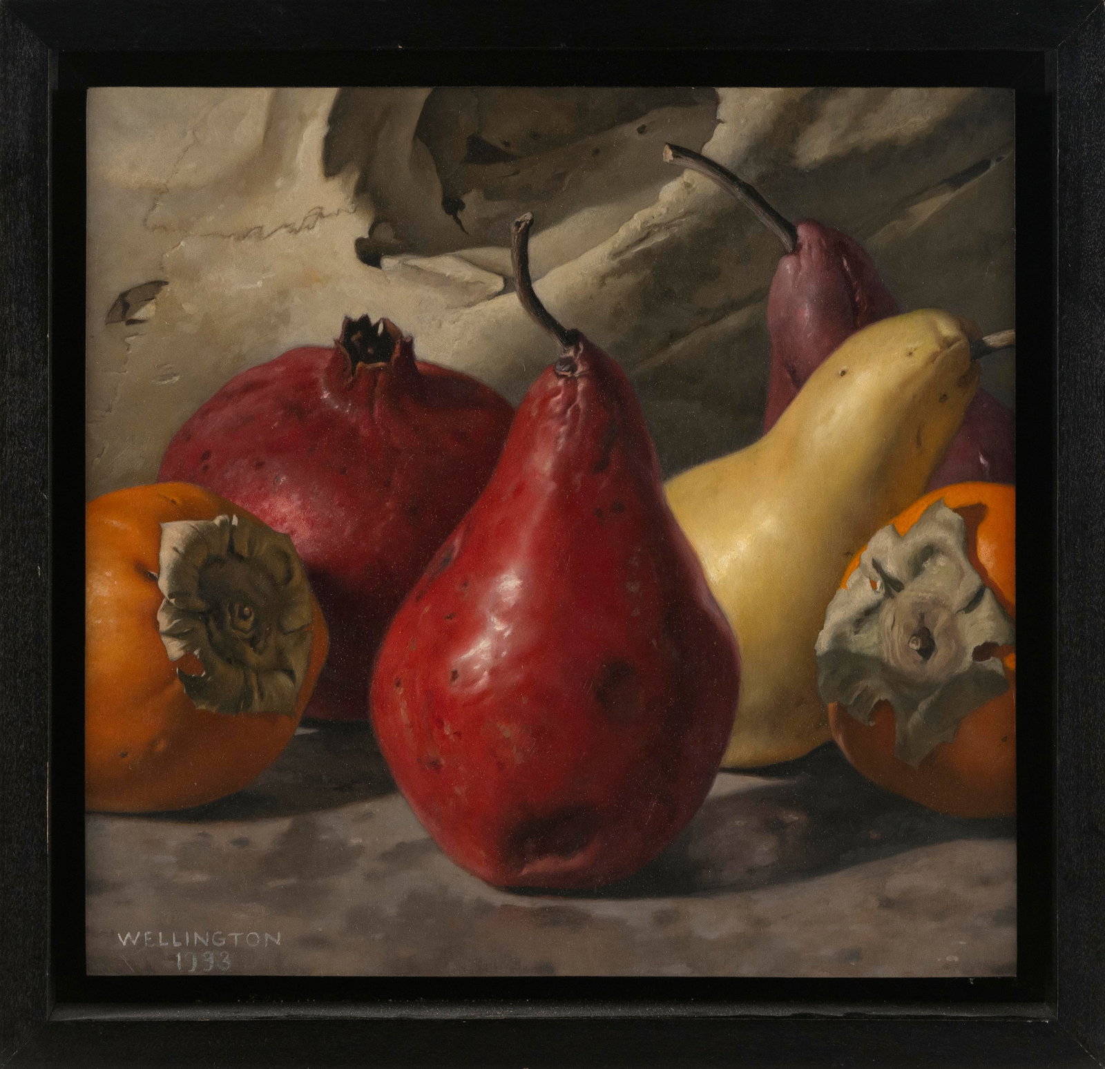 JOHN WELLINGTON (California/New York, 1961-), Still life of pears, a pomegranate and persimmons.,: JOHN WELLINGTON California/New York, 1961- Still life of pears, a pomegranate and persimmons. Signed and dated lower left "Wellington 1993". Housed in a shadow box frame. Oil on board, 13&qu