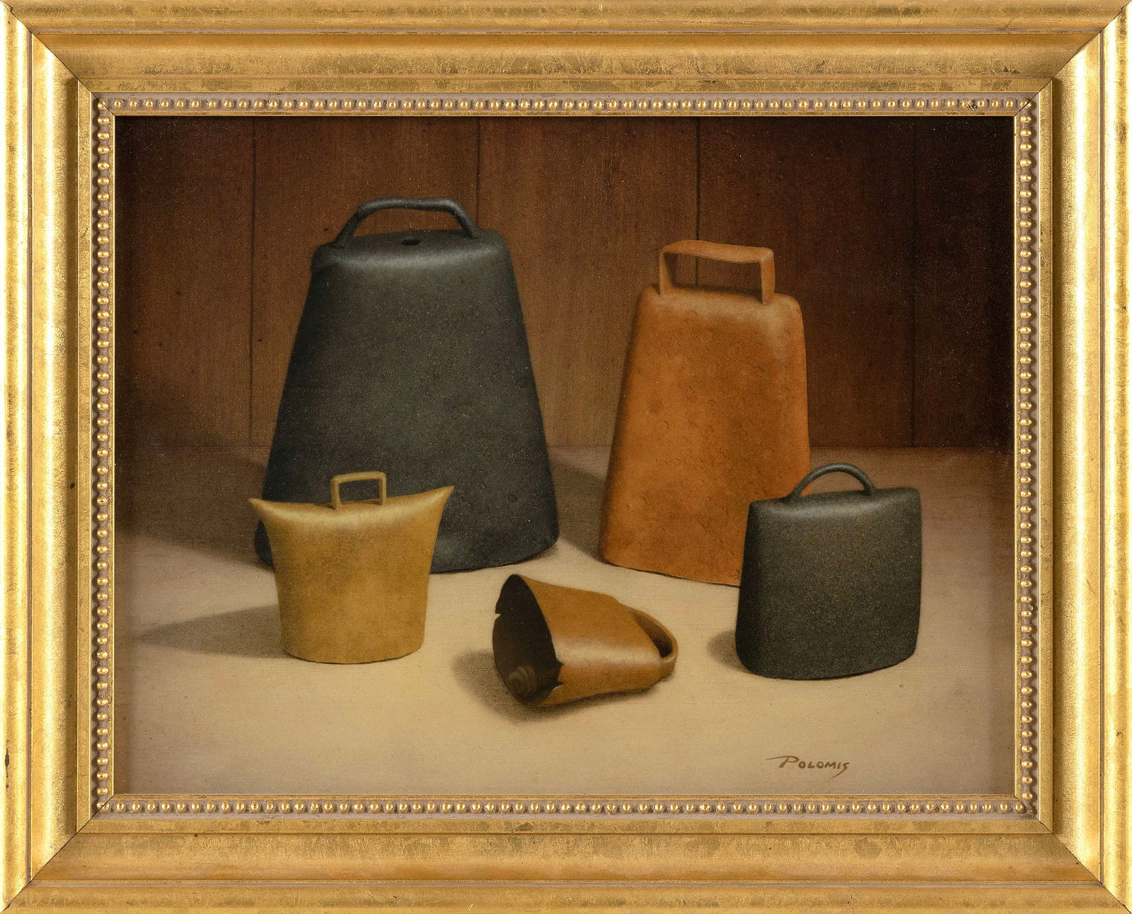 TED POLOMIS (America, 20th/21st Century), “Silent Bells”., Oil on masonite, 9” x: TED POLOMISAmerica, 20th/21st Century“Silent Bells”. Signed lower right "Polomis".Oil on masonite, 9” x 12”. Framed 12” x 14.5”.