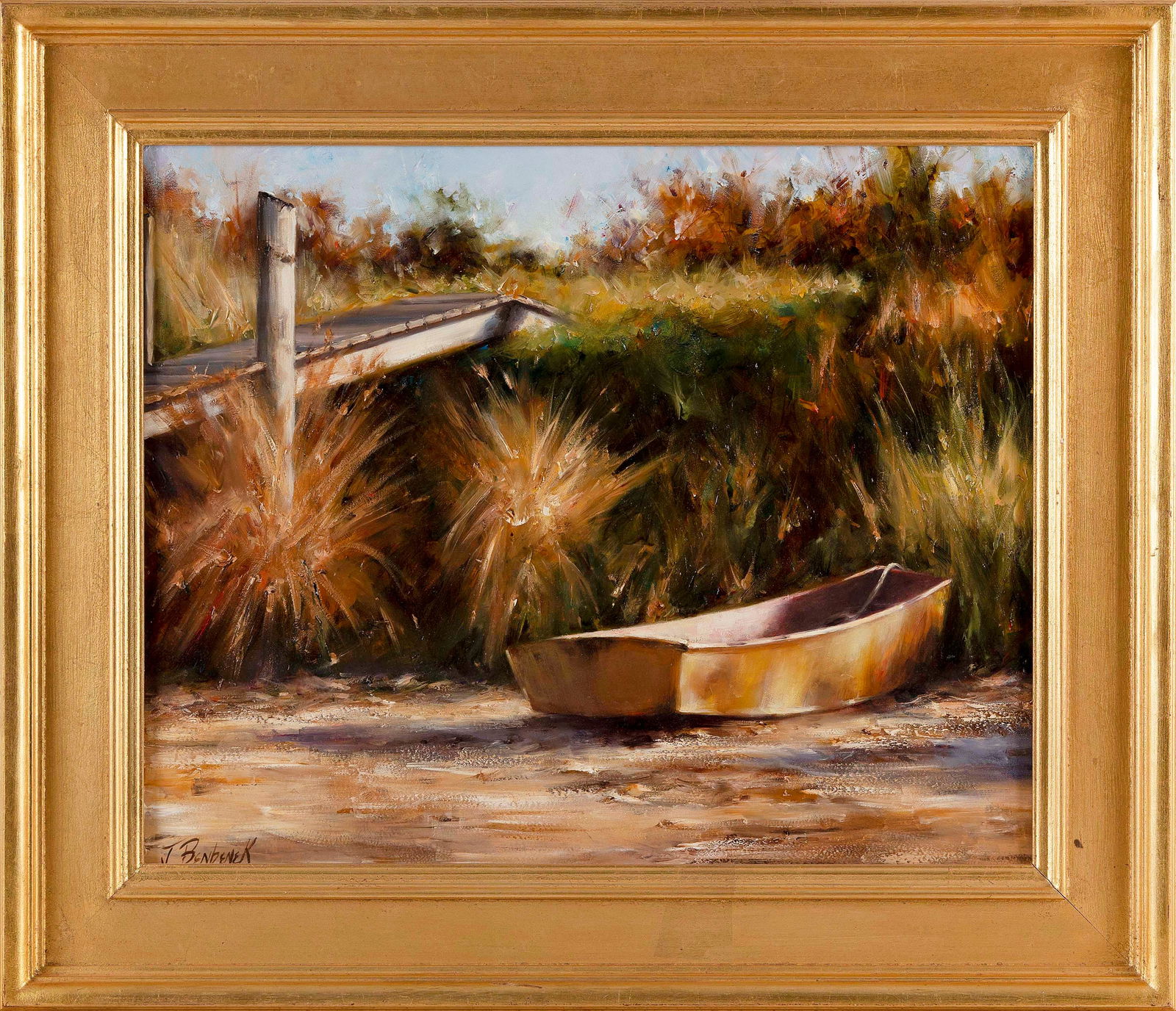 JOREEN BENBENEK (America, Contemporary), Dory on the shore., Oil on masonite, 16” x 20".: JOREEN BENBENEKAmerica, ContemporaryDory on the shore. Signed lower left "J. Benbenek".Oil on masonite, 16” x 20". Framed 22” x 26”.