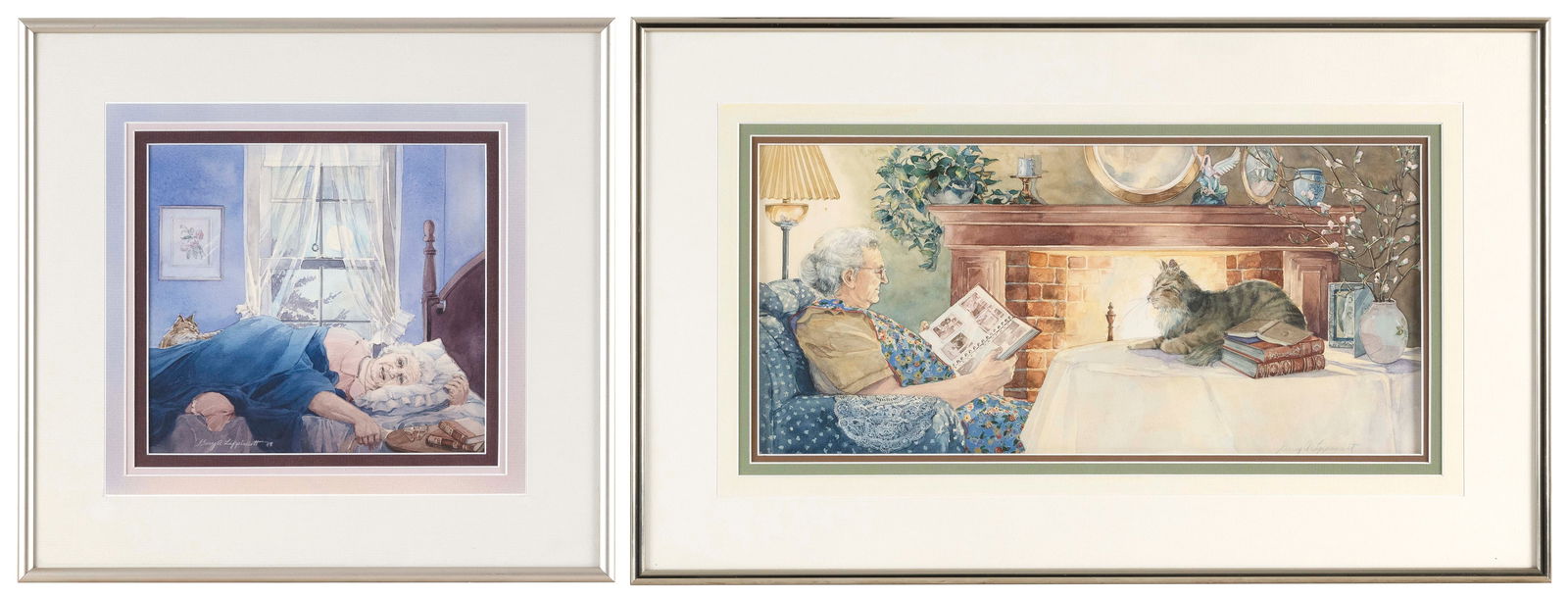 GARY A. LIPPINCOTT (Massachusetts, 1953-), Two interior views of a woman and her cat:, Framed to 14" (1 of 2)