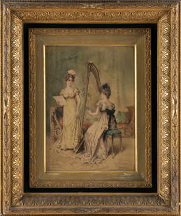 EDWARD PERCY MORAN (New York/Pennsylvania, 1862-1935), Interior scene with ladies and a harp.,: EDWARD PERCY MORAN New York/Pennsylvania, 1862-1935 Interior scene with ladies and a harp. Signed lower right "E. Percy Moran". Watercolor, 14" x 9.5" sight. Framed 24" x