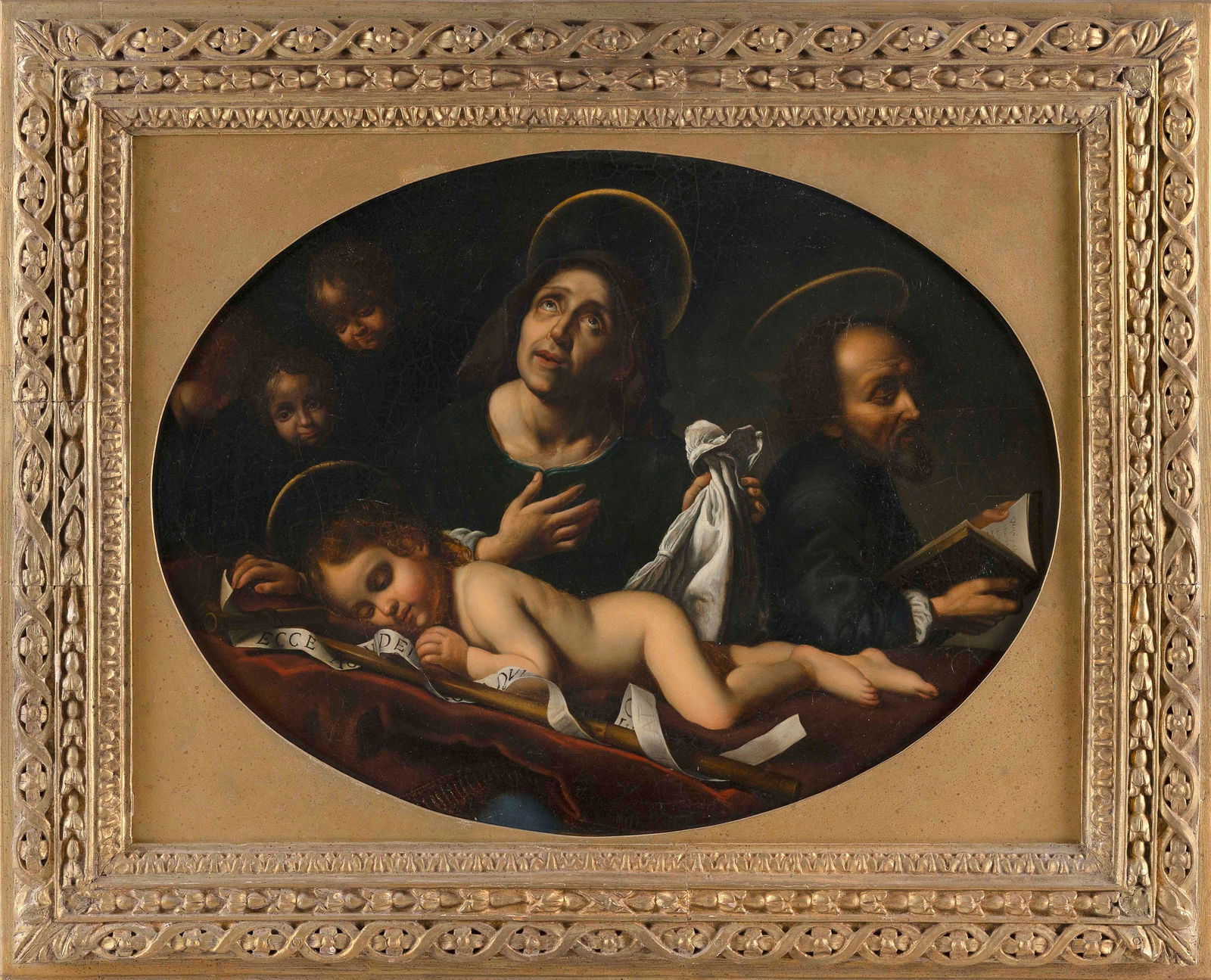 AFTER CARLO DOLCI (19th Century,), Jesus and St. Joseph surrounded by angels., Oil on canvas, 19.5" (1 of 2)