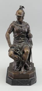 AFTER PIERRE JULIEN (France, 19th Century), A seated Roman soldier., Bronze, height 16".: AFTER PIERRE JULIENFrance, 19th CenturyA seated Roman soldier. Signed on base "P. Julien".Bronze, height 16".