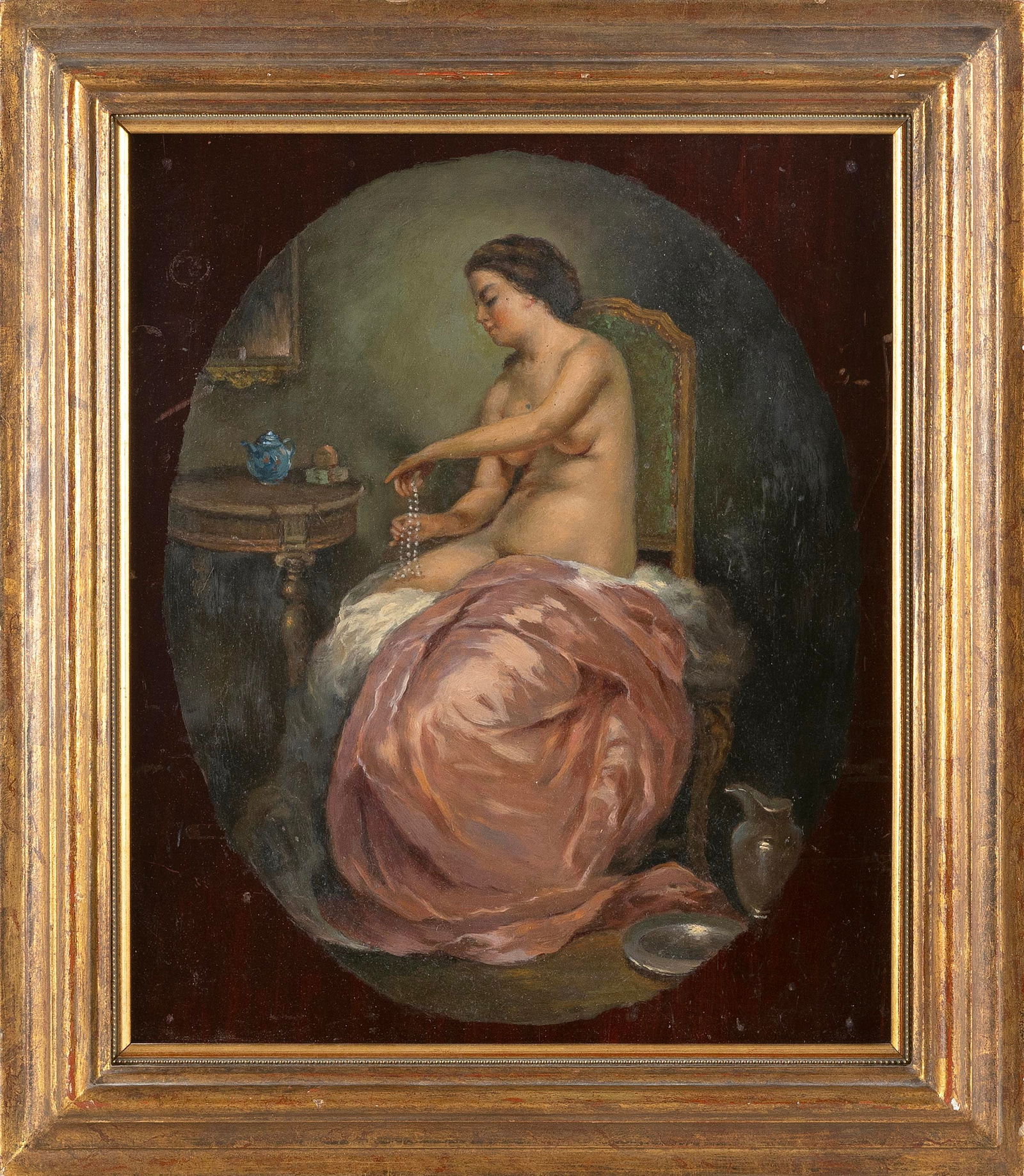 CONTINENTAL SCHOOL (19th Century,), Nude seated at a table., Oil on panel, 15.75" x 12.75". Framed: CONTINENTAL SCHOOL19th CenturyNude seated at a table. Unsigned.Oil on panel, 15.75" x 12.75". Framed 19" x 16.5".