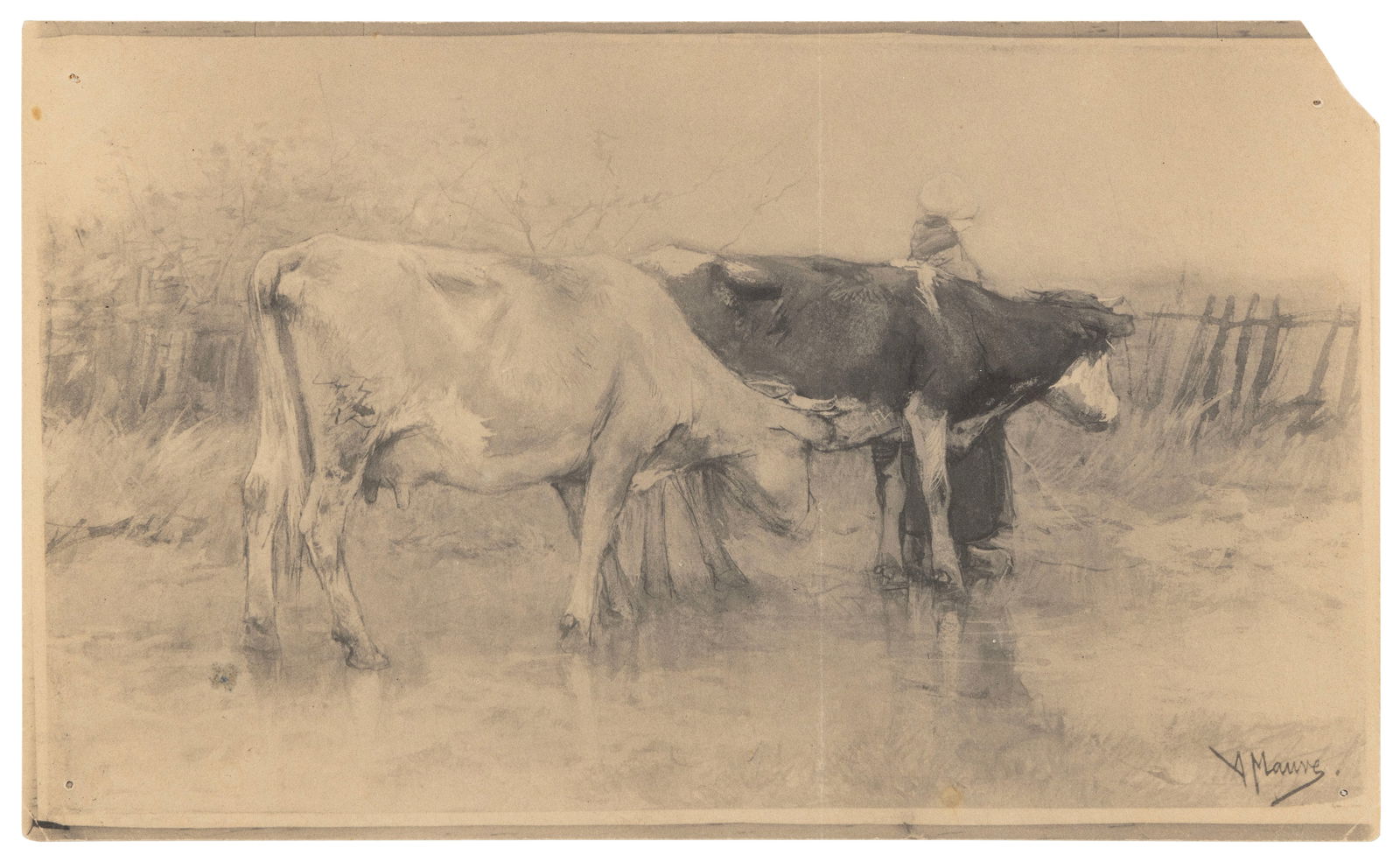 ANTON MAUVE (Holland, 1838-1888), Cattle., Pencil on paper, 5.75" x 9.25". Unframed. (1 of 2)