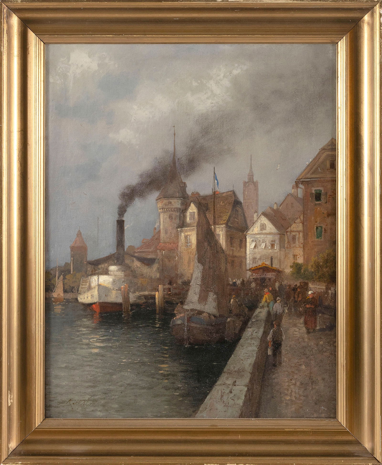 KARL THEODOR WAGNER (Austria, 1856-1921), Dutch waterfront scene., Oil on canvas, 23" x 18". Framed (1 of 2)
