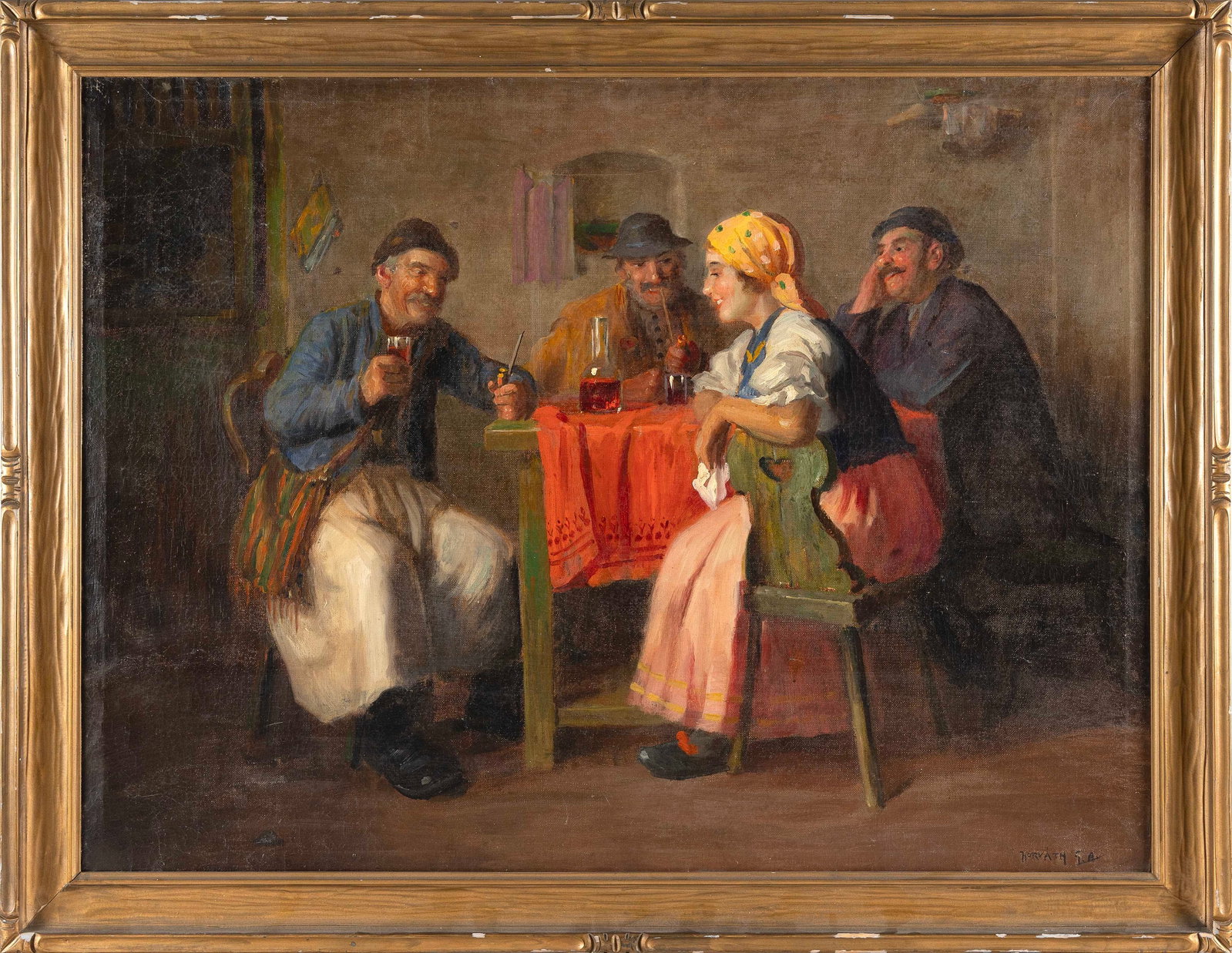 ANDOR G. HORVATH (Hungary, 1876-1966), Figures seated around a table., Oil on canvas, 29.5" x 39".: ANDOR G. HORVATH Hungary, 1876-1966 Figures seated around a table. Signed lower right "Horvath". Oil on canvas, 29.5" x 39". Framed 35" x 44".