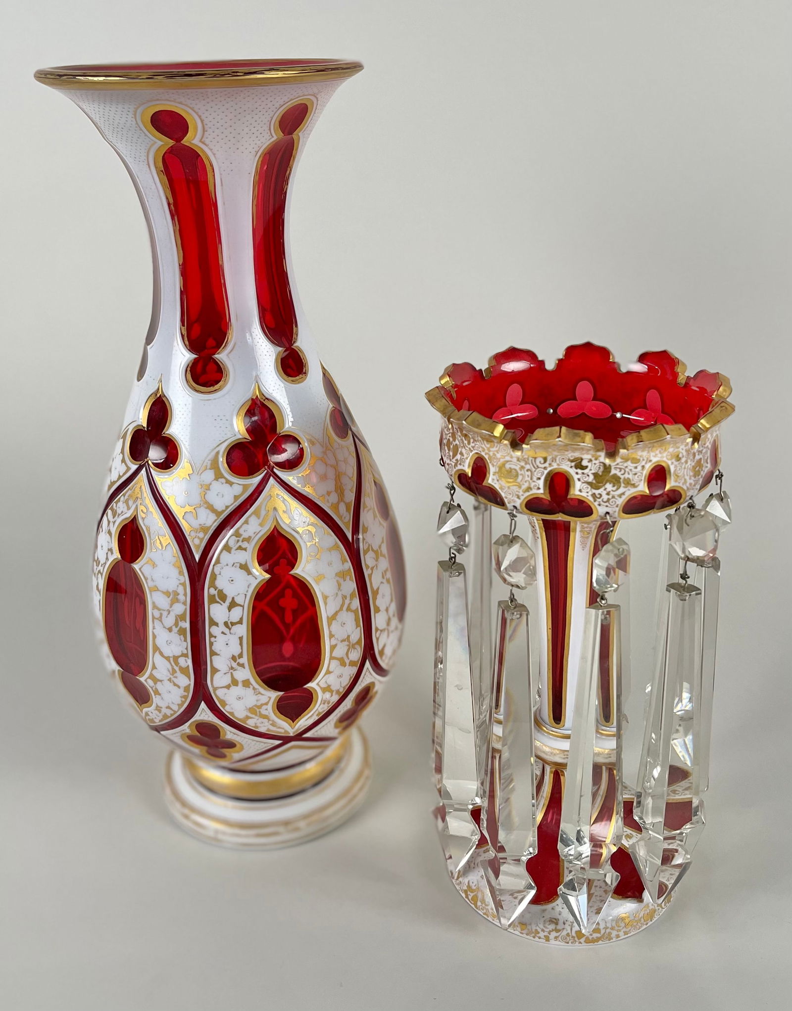 TWO PIECES OF BOHEMIAN CUT OVERLAY GLASS 19th Century Heights 11" and 16". (1 of 3)