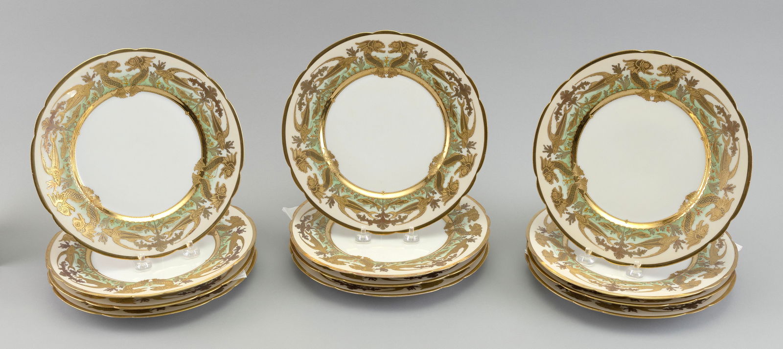 SET OF TWELVE DRESDEN PORCELAIN PLATES Early 20th Century Diameters 9.5". (1 of 2)