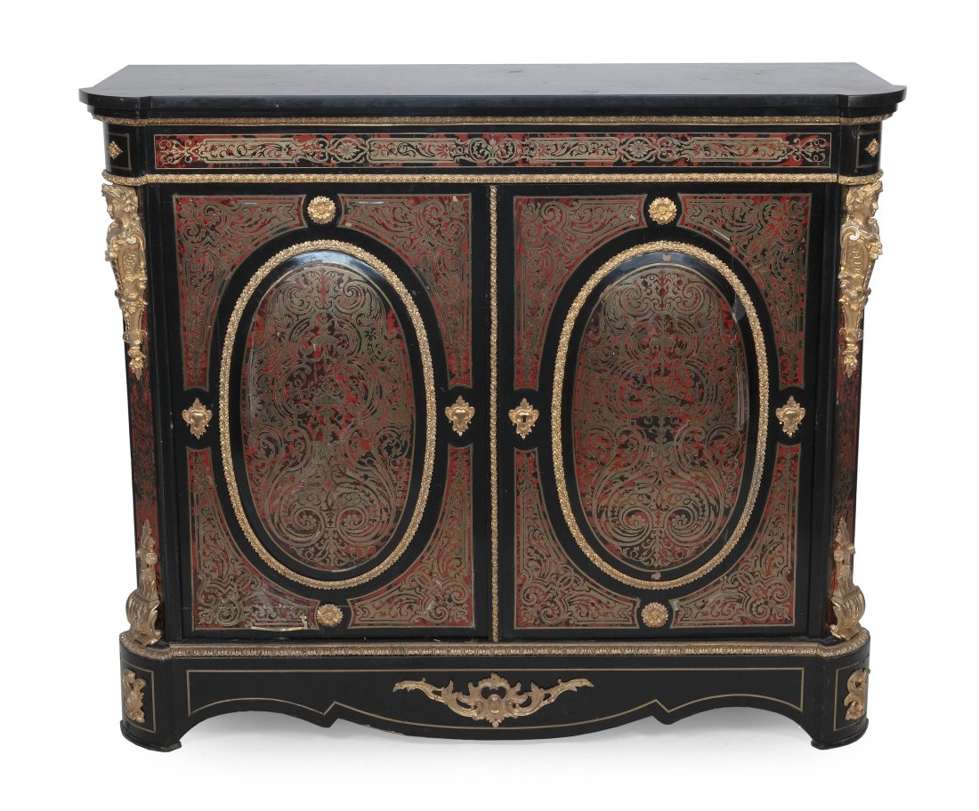FRENCH TWO-DOOR BOULLE CABINET Late 19th/Early 20th Century: FRENCH TWO-DOOR BOULLE CABINET Late 19th/Early 20th Century With brass inlay and black marble top.