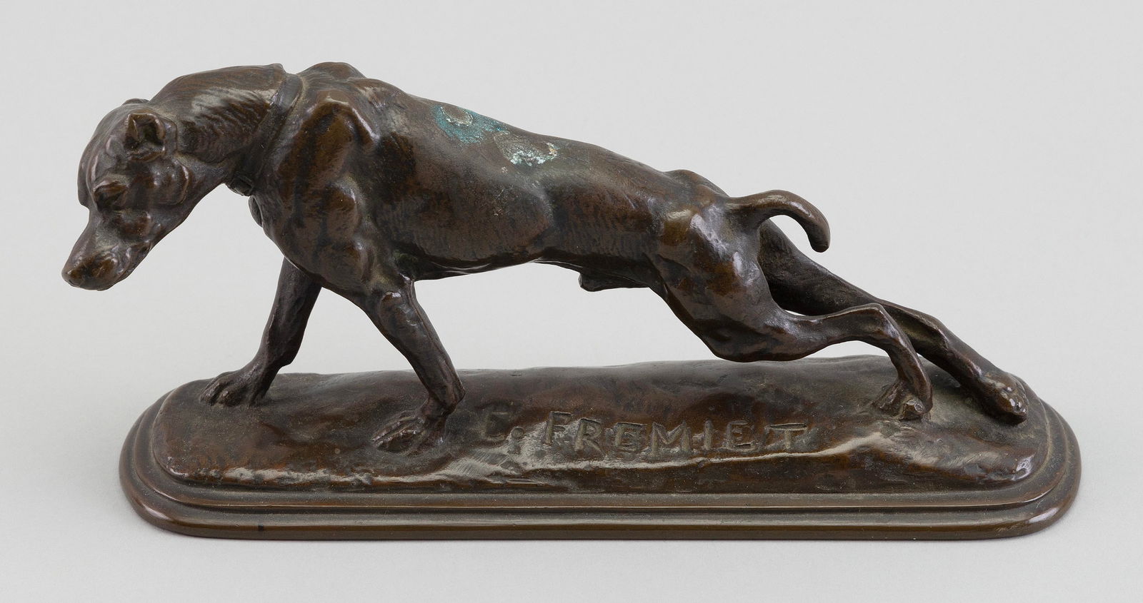 EMMANUEL FREMIET (France, 1824-1910), Stretching dog., Bronze, height 3.75". Length 7.75".: EMMANUEL FREMIETFrance, 1824-1910Stretching dog. Signed on the base "E. Fremiet".Bronze, height 3.75". Length 7.75".