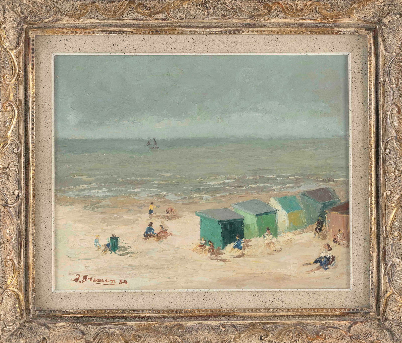 EUROPEAN SCHOOL (20th Century,), Beach scene., Oil on canvas, 15" x 19". Framed 23" x 27". (1 of 2)