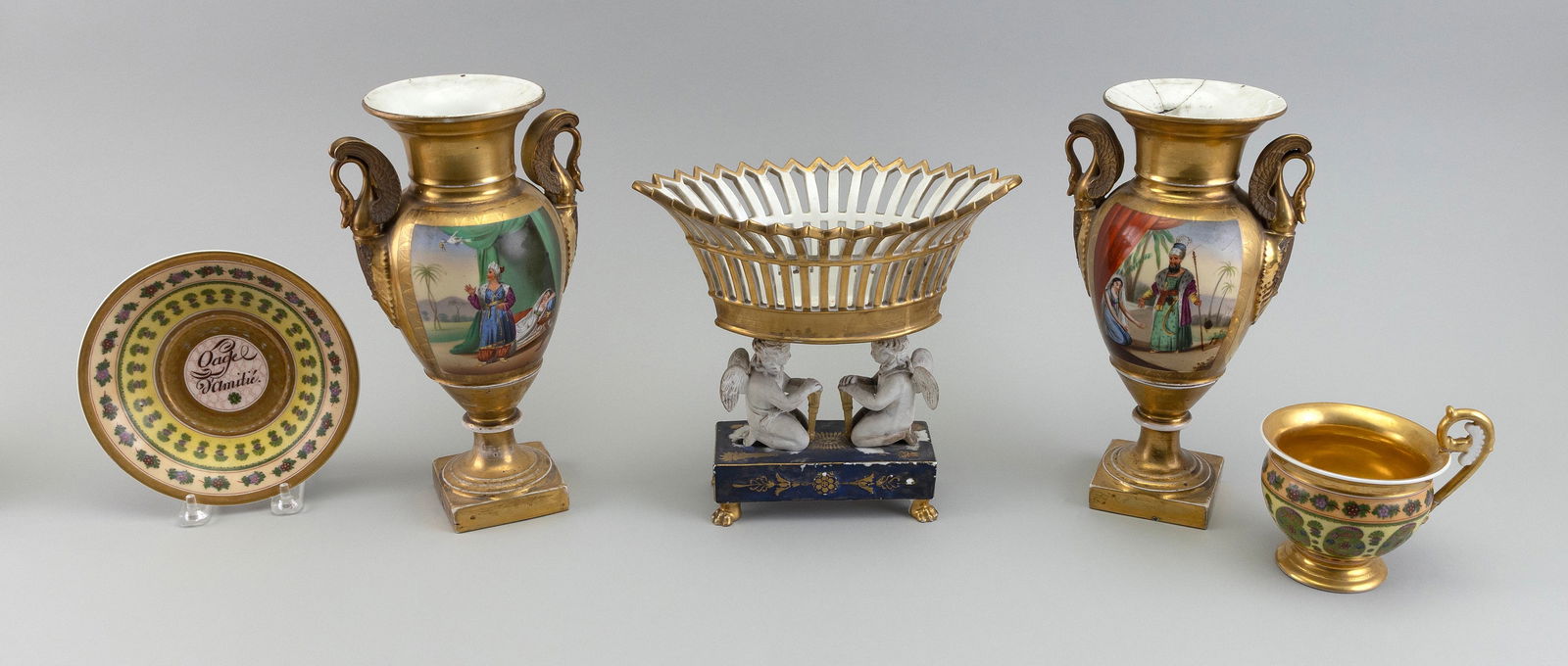 FIVE PIECES OF HAND-PAINTED PARIS PORCELAIN 19th Century Heights from 5.5" to 10.75". (1 of 2)