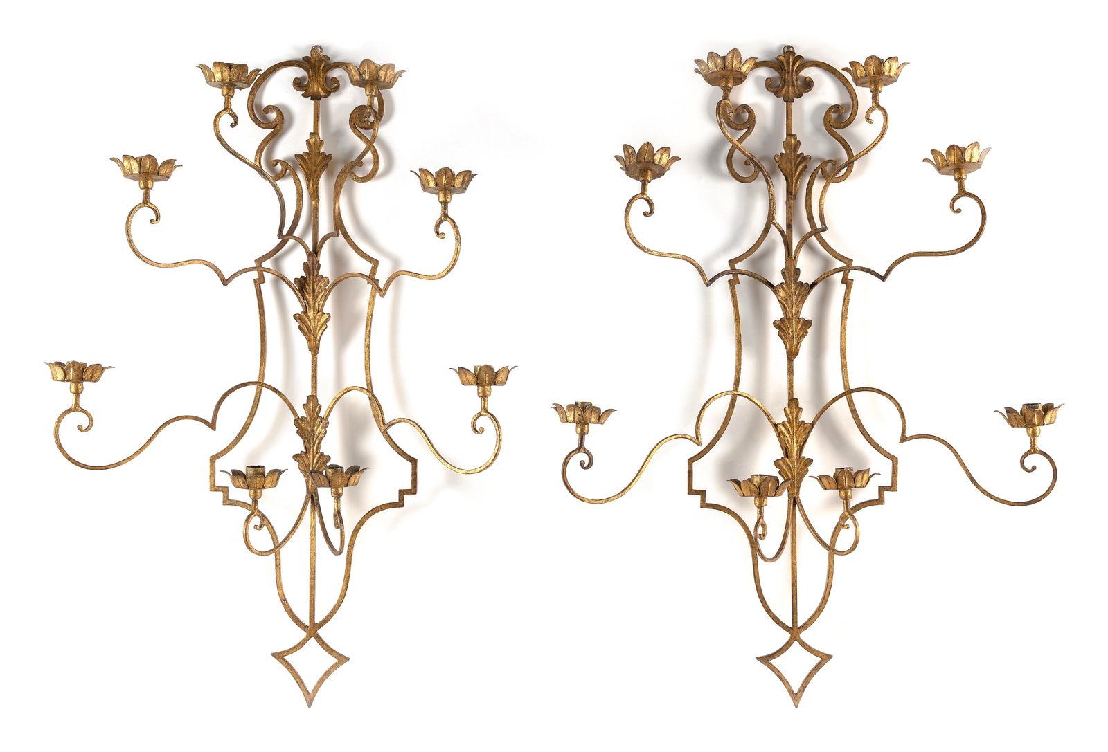 PAIR OF WROUGHT IRON CANDLE WALL SCONCES 20th Century Heights 36". Widths 24". (1 of 1)