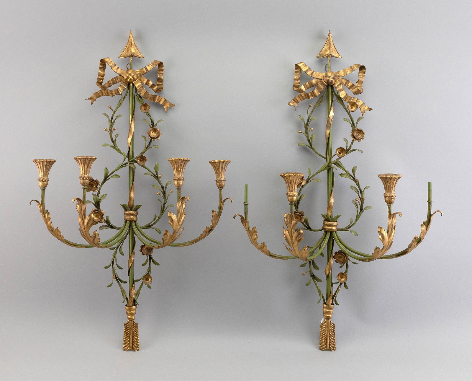 PAIR OF PAINTED WROUGHT IRON CANDLE WALL SCONCES 20th Century Heights 29". Widths 18". (1 of 1)
