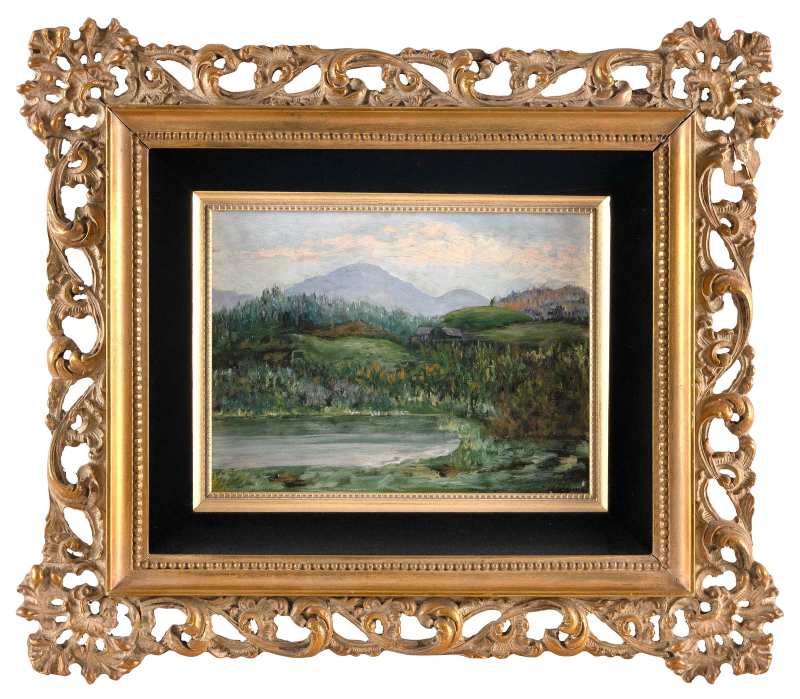 MOUNTAIN LANDSCAPE PAINTING 20th Century Oil on board, 9" x 12". Framed 20" x 23". (1 of 2)
