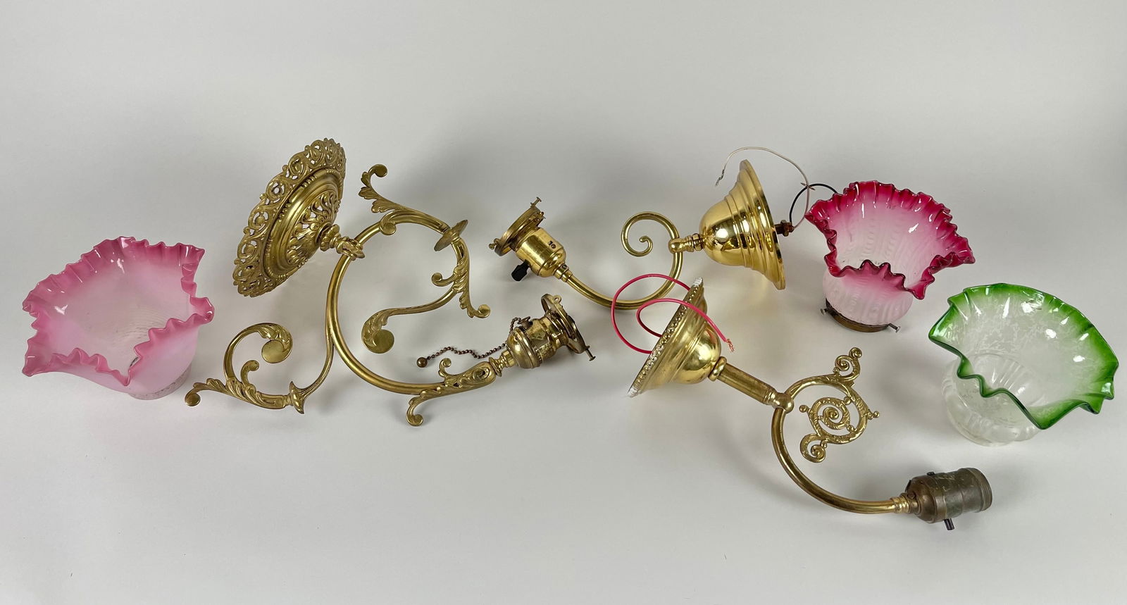 THREE BRASS WALL SCONCES WITH GLASS SHADES 20th Century Lengths to 11". (1 of 3)