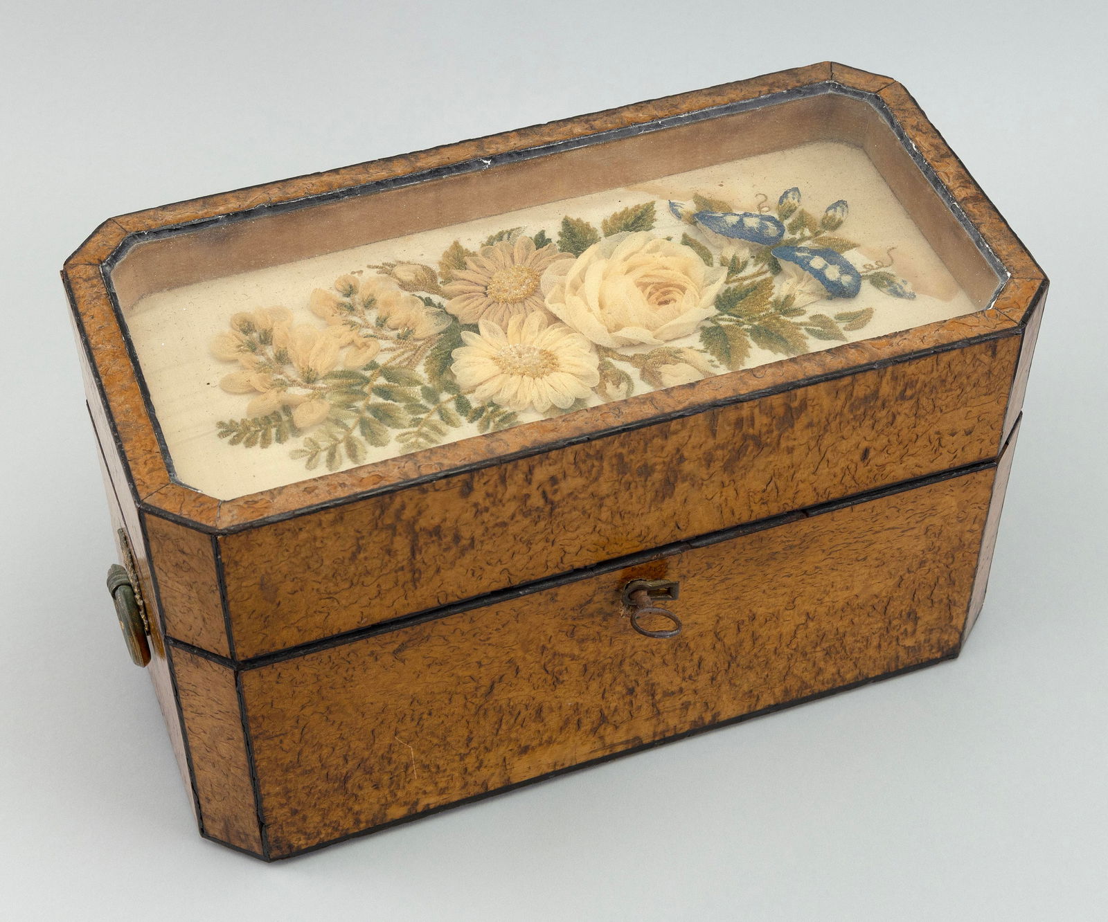 BURLED VENEER TEA CADDY First Half of the 19th Century Height 7.5". Width 13". Depth 6.5". (1 of 3)
