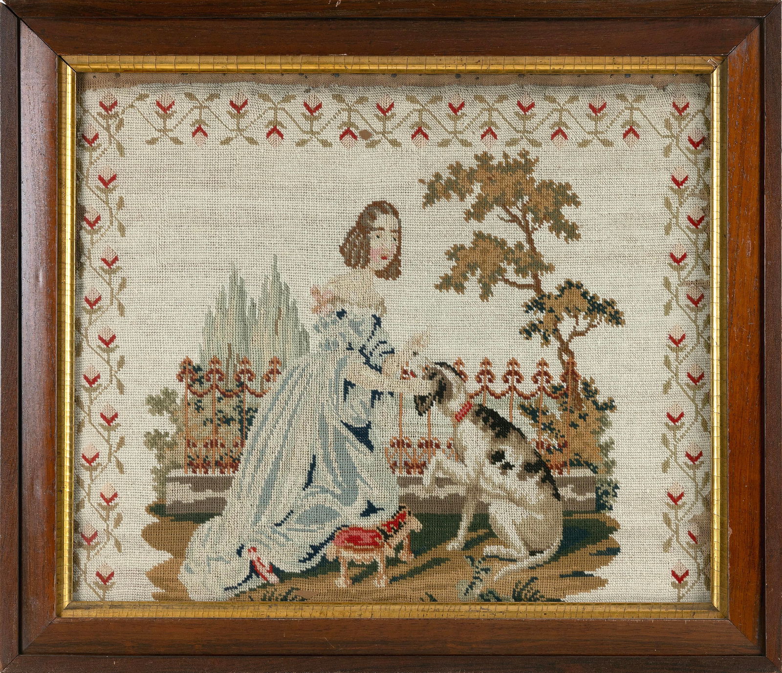 ENGLISH PICTORIAL NEEDLEWORK 19th Century 18" x 21". Framed 23" x 26". (1 of 2)