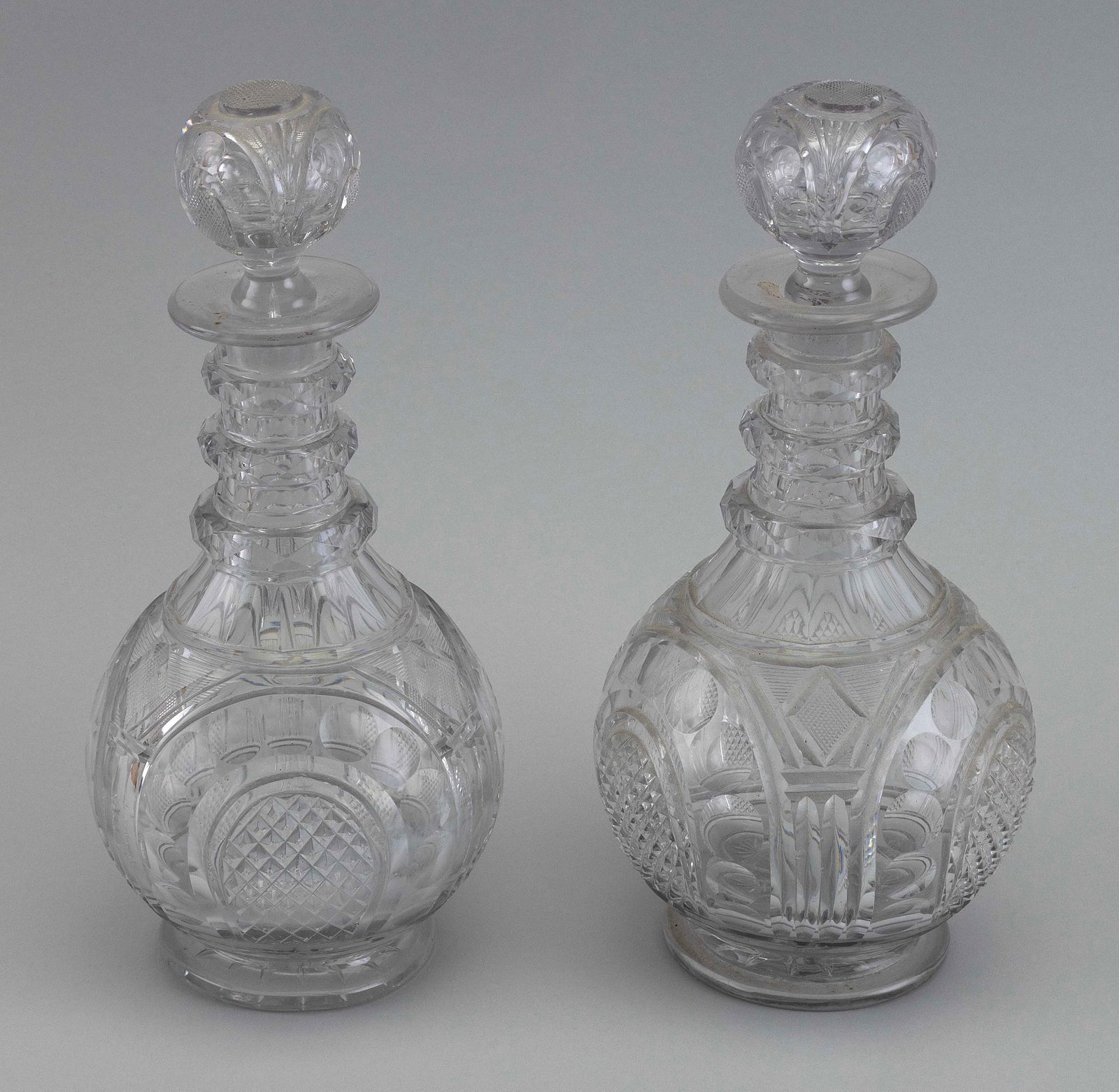 PAIR OF BLOWN CUT GLASS THREE-RING DECANTERS 19th Century Heights 11.5". (1 of 1)