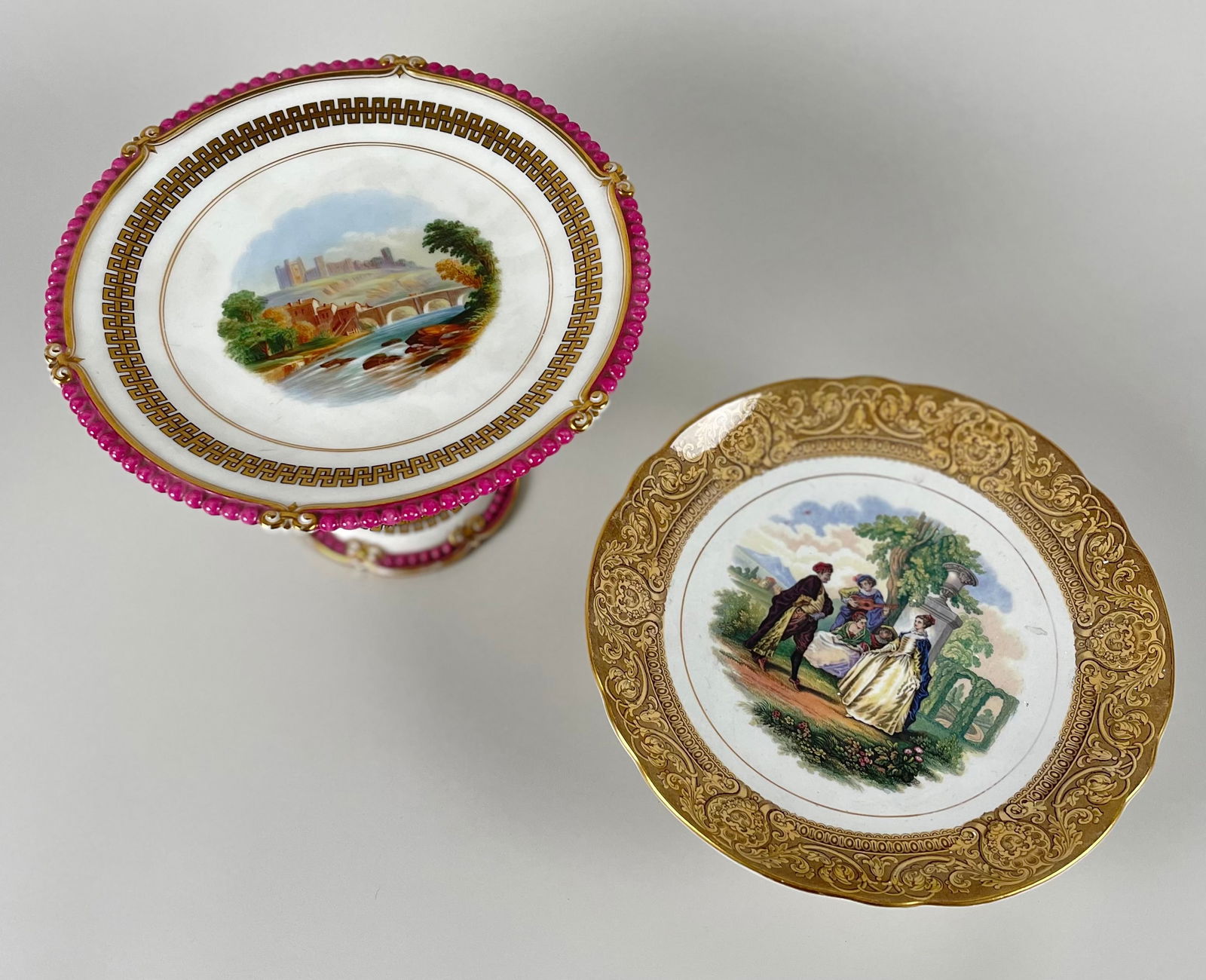 TWO ENGLISH PORCELAIN CAKE PLATES 19th Century Heights 2.5" and 7". (1 of 7)