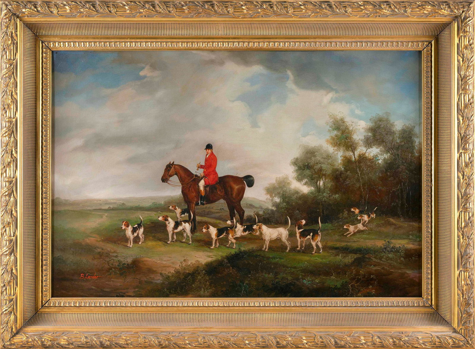 ENGLISH SCHOOL (Late 20th Century,), Fox hunt scene., Oil on canvas, 24" x 36". Framed 33" x 45". (1 of 2)