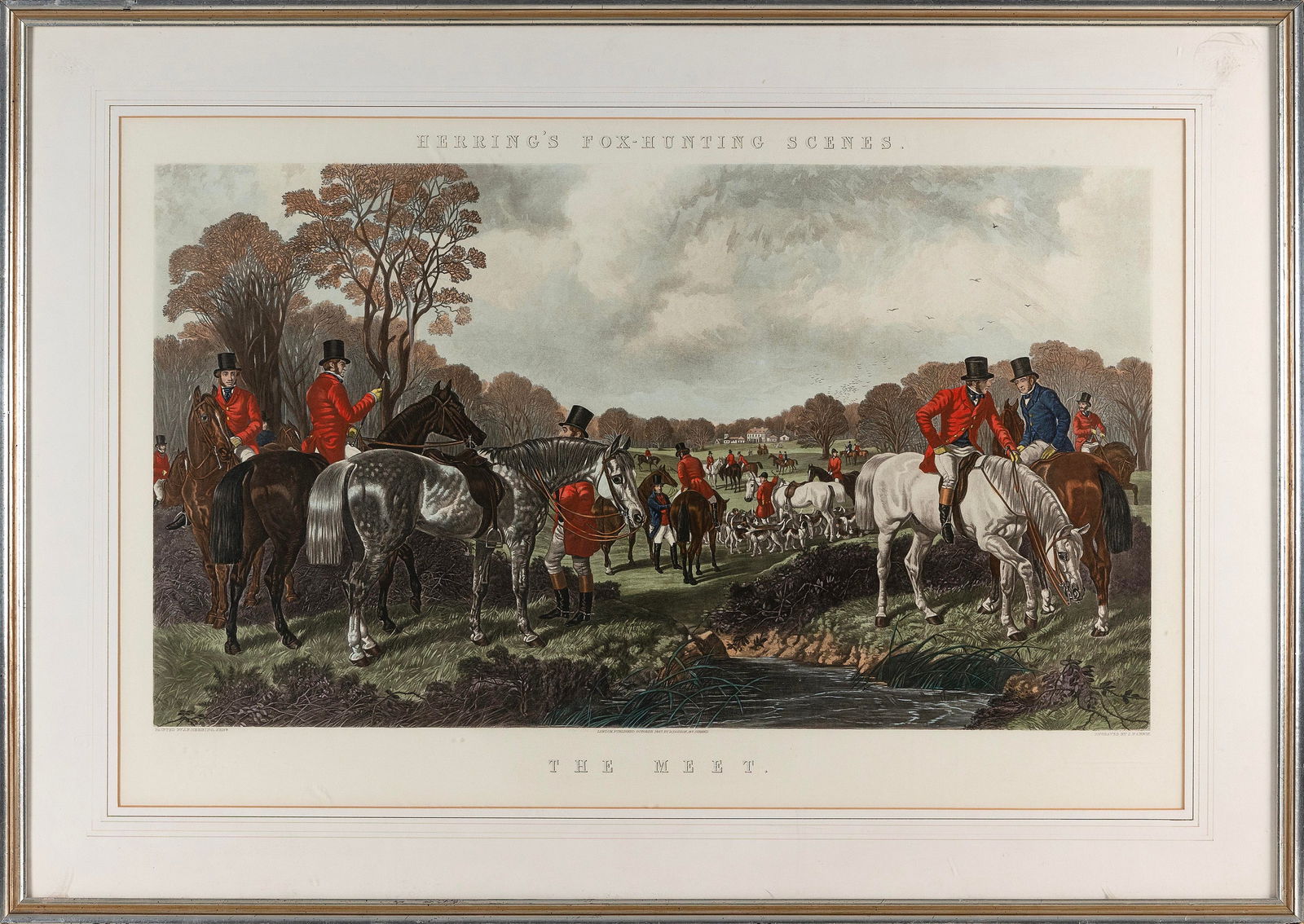 REPRODUCTION HUNTING PRINT "THE MEET" 20th Century 21" x 32" sight. Framed 28.5" x 40". (1 of 2)