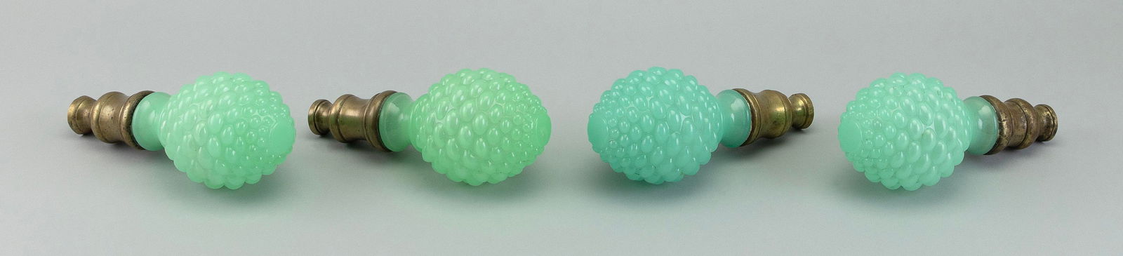 SET OF FOUR JADE GREEN GLASS AND BRASS NEWEL POSTS 19th Century Heights 7.5". (1 of 2)