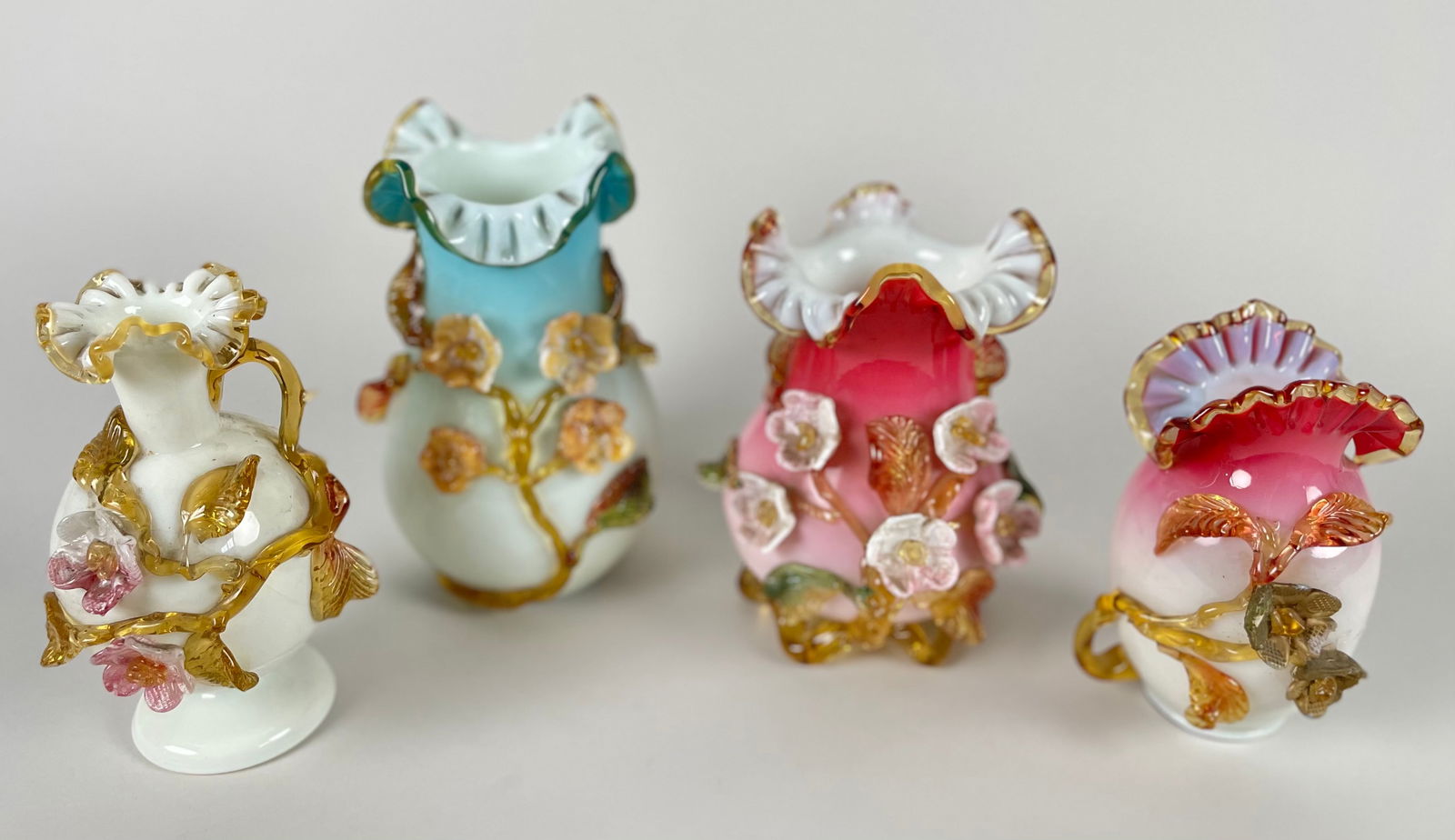 FOUR SANDWICH GLASS VASES 19th Century Heights from 7" to 9.5". (1 of 6)