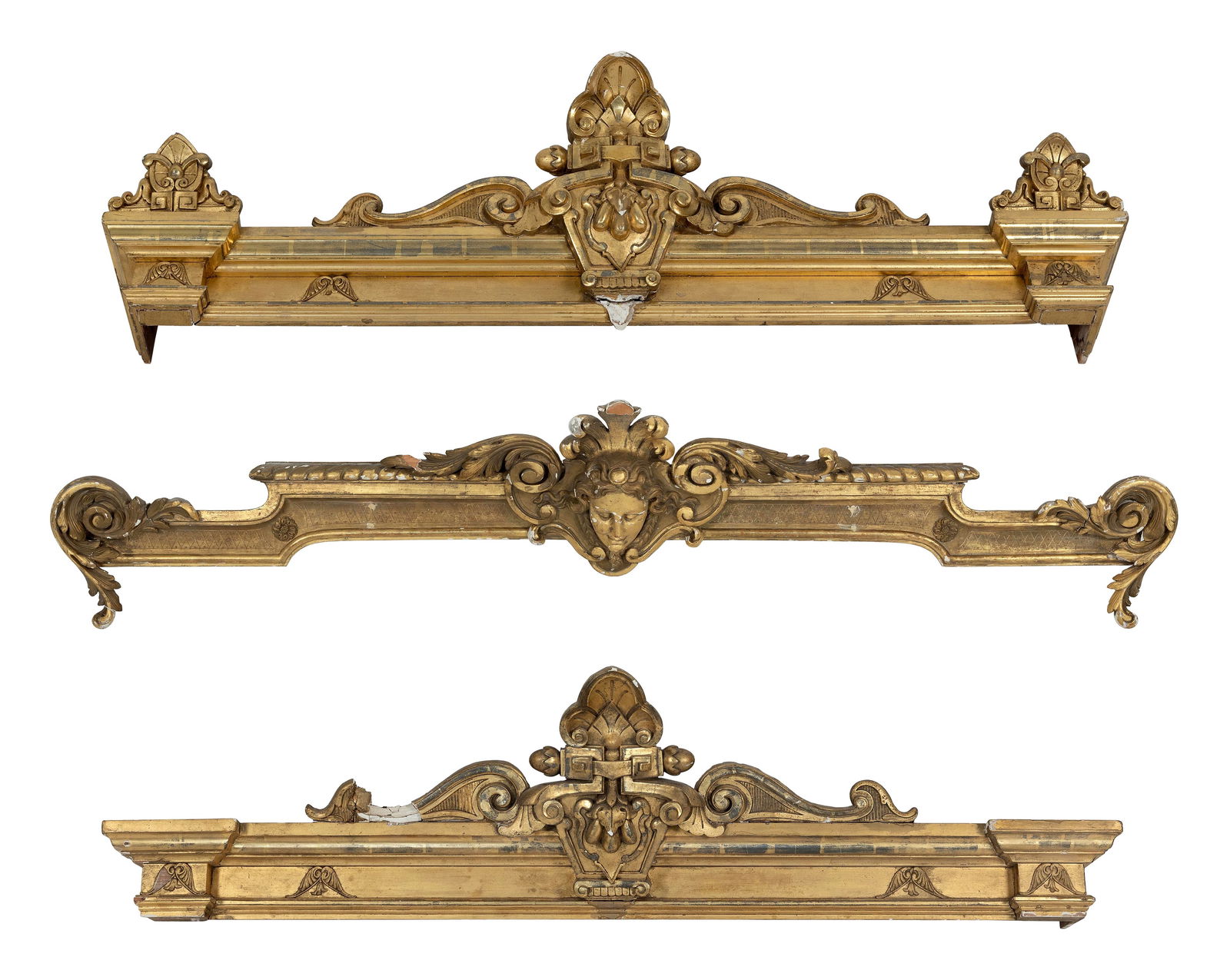 THREE CARVED GILTWOOD WINDOW VALENCES Last Quarter of the 19th Century Heights to 16.5". Lengths to (1 of 4)