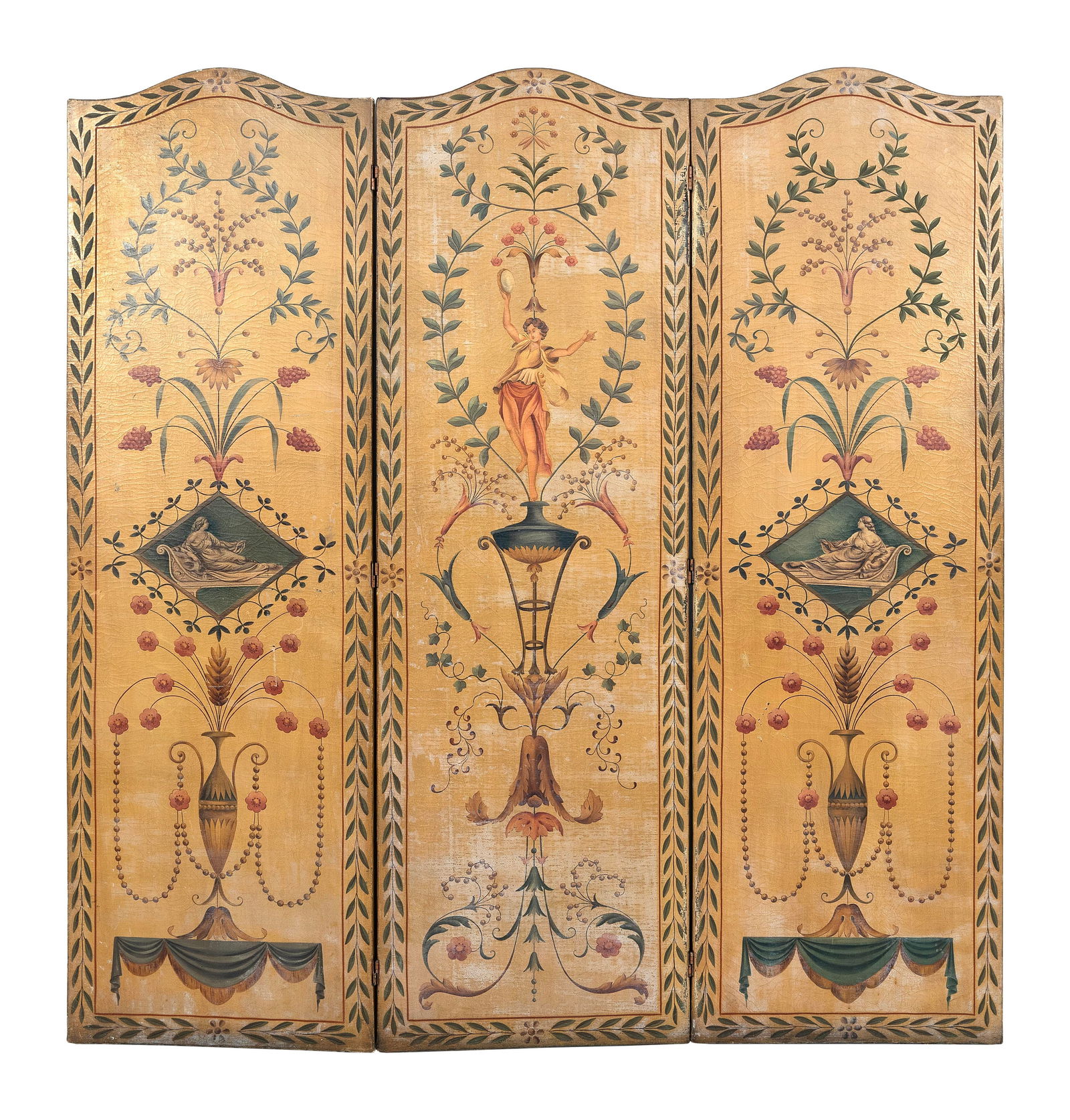 PAINTED LEATHER THREE-PANEL FOLDING SCREEN Late 19th Century Each panel height 72". Width 23". (1 of 2)