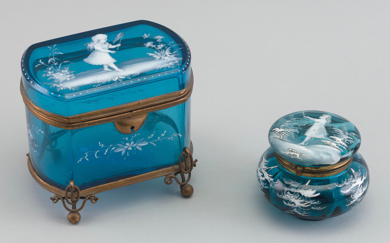 TWO ENGLISH GLASS AND BRASS DRESSER JARS 19th Century Heights 3" and 5". (1 of 3)