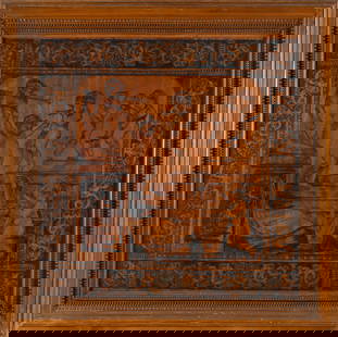 WOOD BURNING PICTURE BY JAMES WILLIAM FOSDICK New York/Massachusetts, 1858-1937 22" x 22". Framed: WOOD BURNING PICTURE BY JAMES WILLIAM FOSDICKNew York/Massachusetts, 1858-1937Depicts cherubs dancing and playing instruments. Dated 1884. Made for the Adams family.22" x 22". Framed 30" x 29.5".