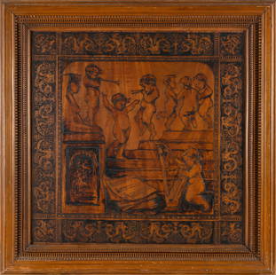 WOOD BURNING PICTURE BY JAMES WILLIAM FOSDICK New York/Massachusetts, 1858-1937 22" x 22". Framed: WOOD BURNING PICTURE BY JAMES WILLIAM FOSDICK New York/Massachusetts, 1858-1937 Depicts cherubs dancing and playing instruments. Dated 1884. Made for the Adams family. 22" x 22". Framed 30" x 29.5".