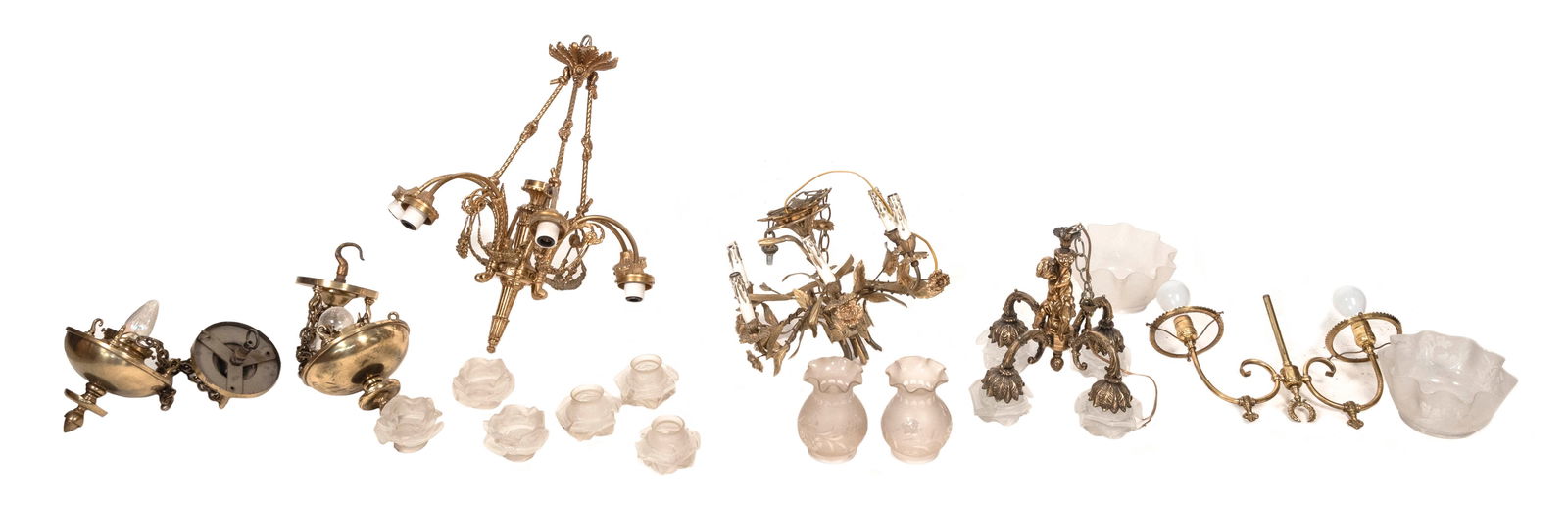 FIVE BRASS HANGING LIGHT FIXTURES 20th Century Heights to approx. 25". (1 of 1)