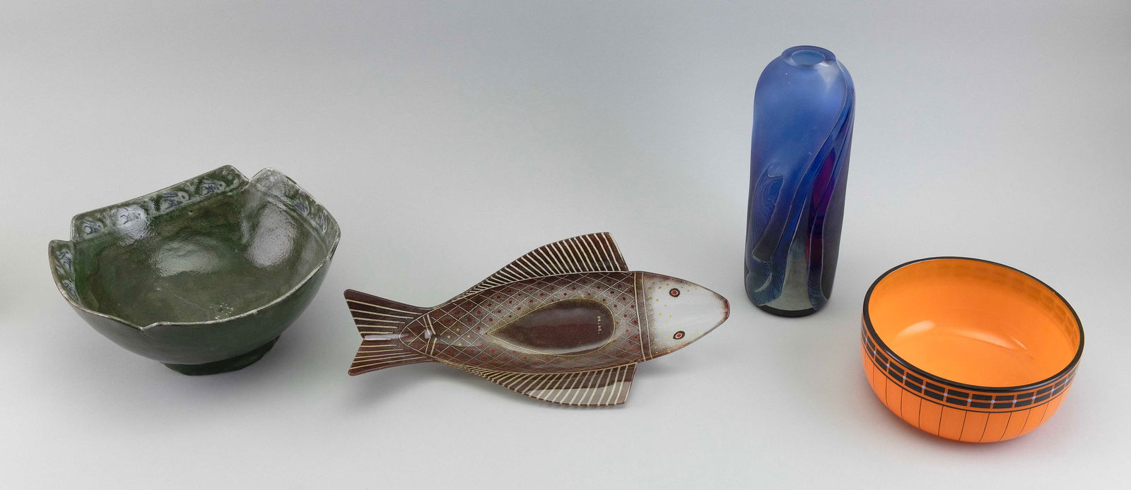 THREE CONTEMPORARY GLASS AND CERAMIC ITEMS 20th Century Heights from 3" to 12". (1 of 1)