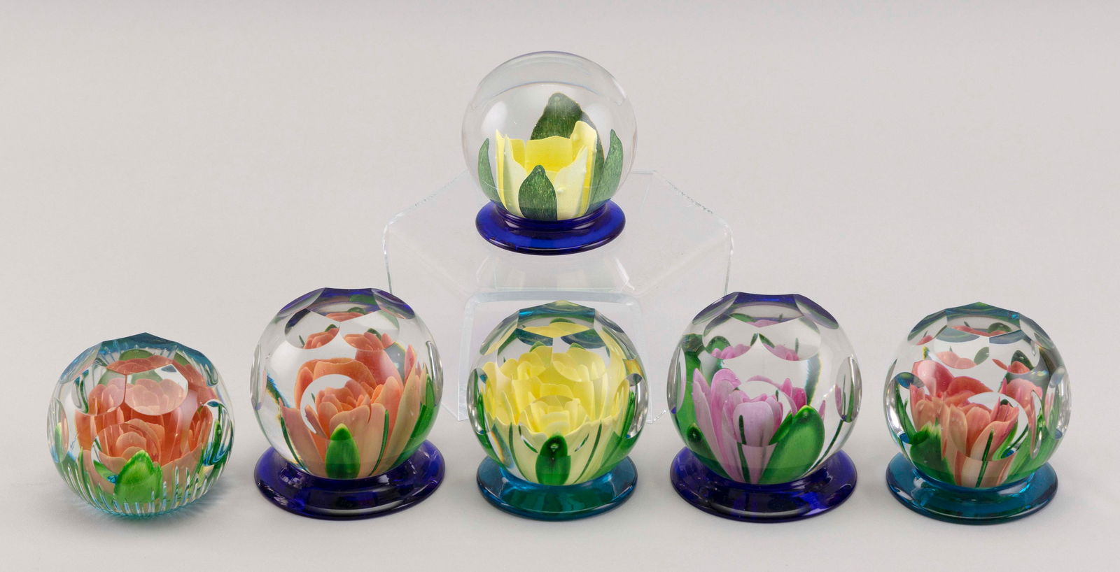 SIX PAIRPOINT GLASS FLOWER PAPERWEIGHTS Bourne, Massachusetts, 20th Century Heights from 2.5" to 3". (1 of 1)