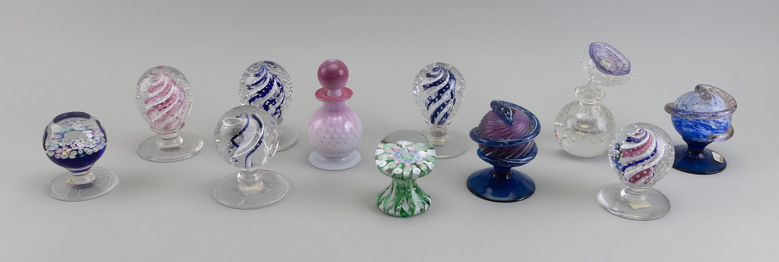ELEVEN PAIRPOINT GLASS PEDESTAL PAPERWEIGHTS Bourne, Massachusetts, 20th Century Heights to 5". (1 of 1)