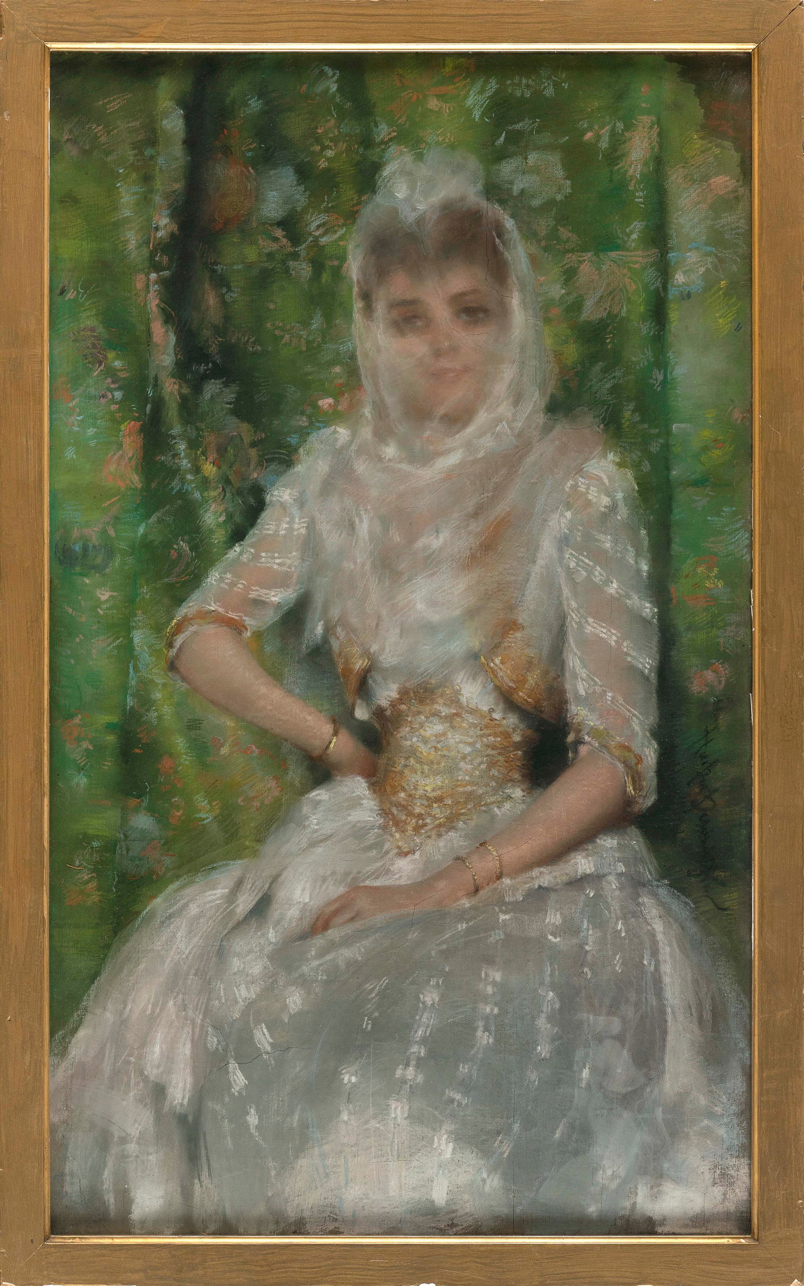 HARPER (ROBERT GOODLOE) PENNINGTON (Maryland/Rhode Island/France, 1854-1920), Exotic veiled woman in: HARPER (ROBERT GOODLOE) PENNINGTONMaryland/Rhode Island/France, 1854-1920Exotic veiled woman in white. Signed mid-right "Harper Pennington".Pastel on paper, 29" x 17" sight. Framed 31.5" x 19.25".