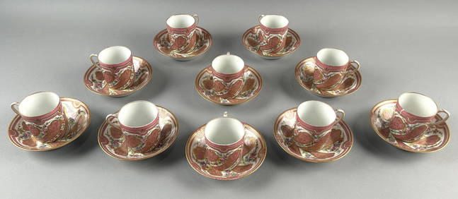 SET OF TEN S&#200;VRES HAND-PAINTED PORCELAIN CUPS AND SAUCERS 18th Century Cup heights 2.5". Saucer (1 of 6)