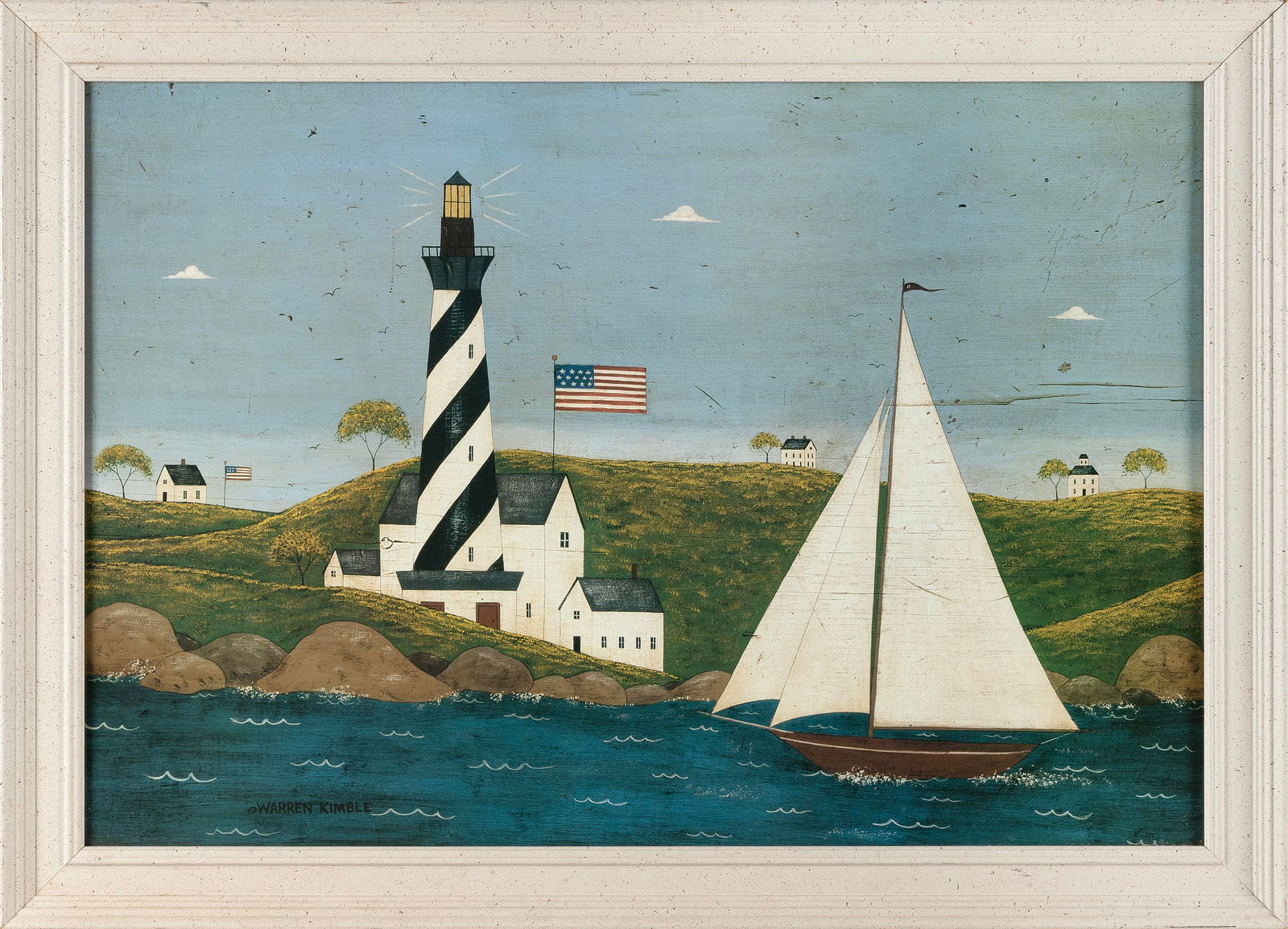 WARREN KIMBLE (Vermont, 1935-), Coastal scene with lighthouse and sailboat., Offset lithograph,: WARREN KIMBLEVermont, 1935-Coastal scene with lighthouse and sailboat. Signed in plate block lower left.Offset lithograph, 19.75" x 28.25". Framed 23.5" x 32.25".