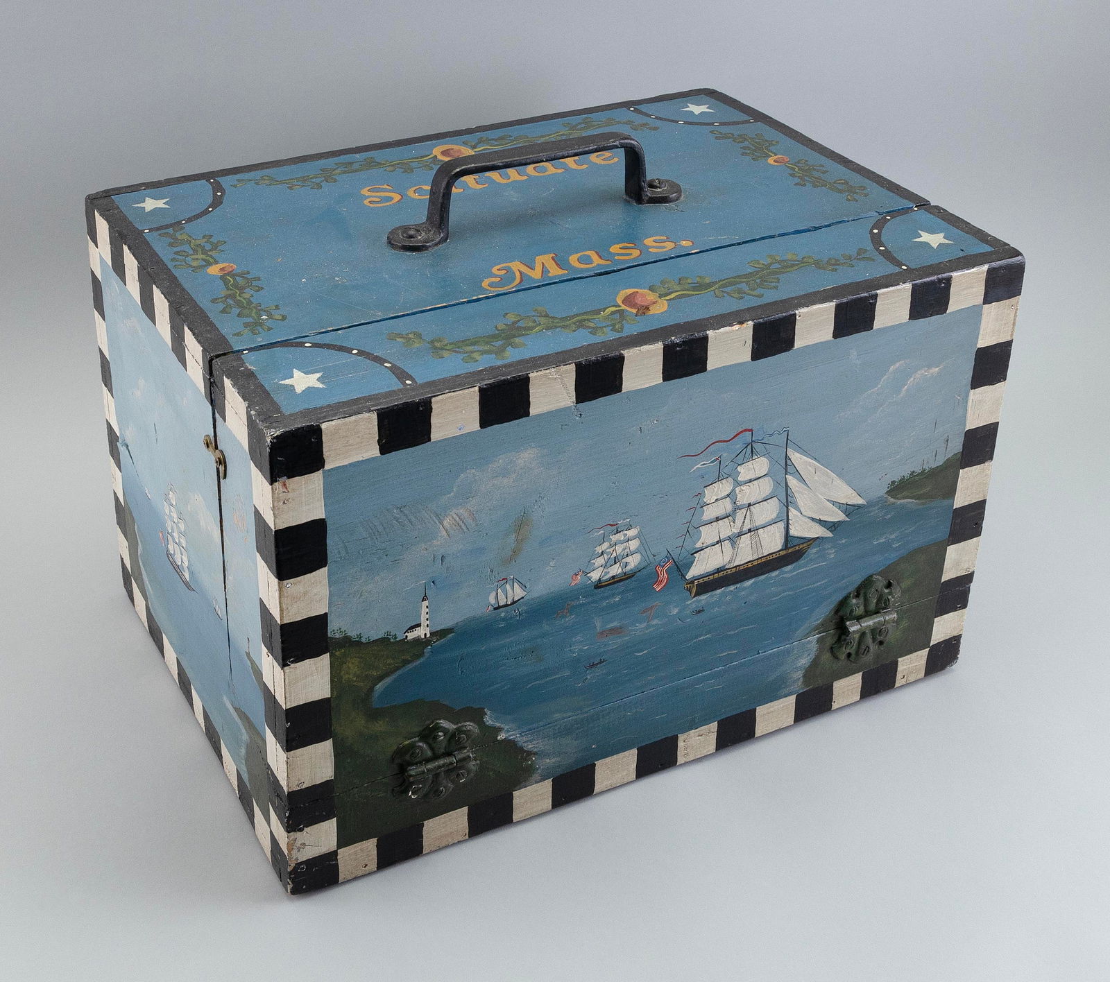 MARITIME-DECORATED CHEST Early 20th Century Height including handle 13.75". Width 18". Depth 12.5". (1 of 3)