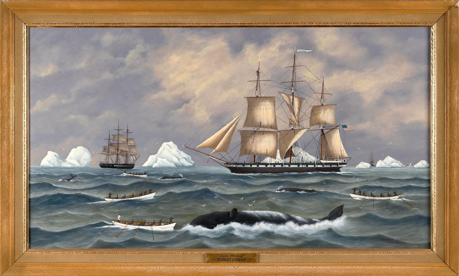 ROBERT JORDAN (America, 20th Century), Arctic whaling scene, Oil on canvas, 20" x 36". Framed 24" x (1 of 2)