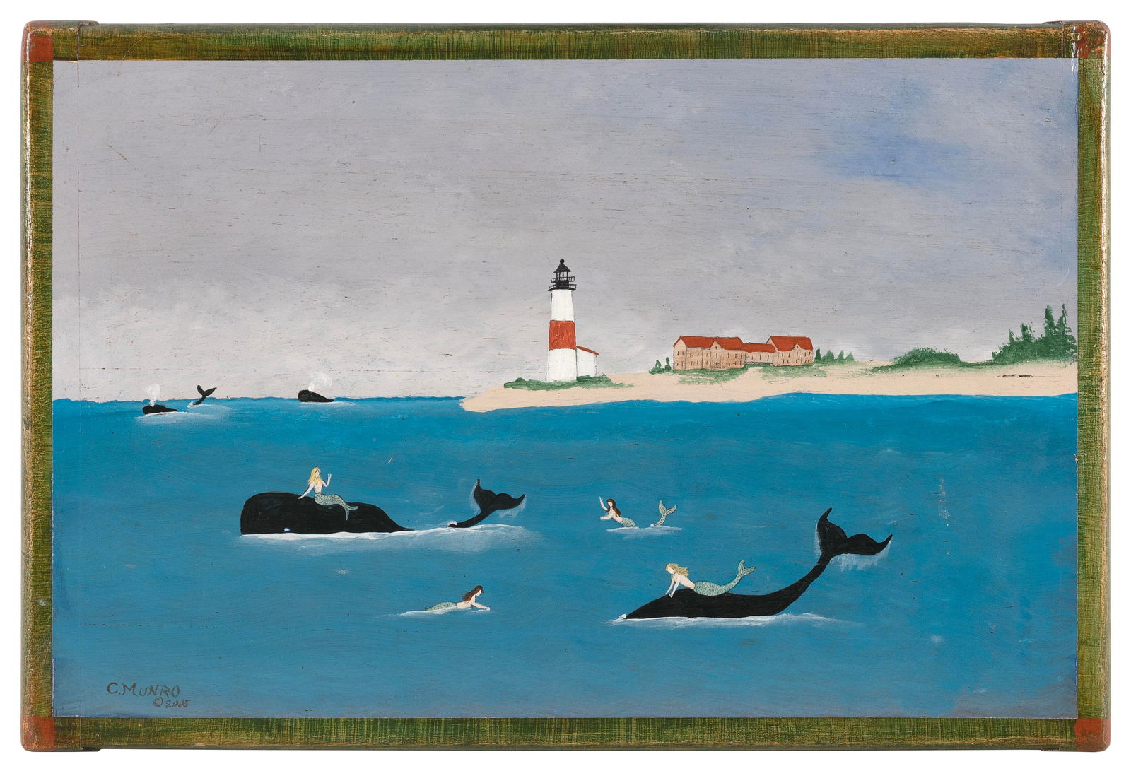 CHARLES MUNRO (Massachusetts, Contemporary), "Whales + Mermaids off Sankaty Light"., Oil on (1 of 2)