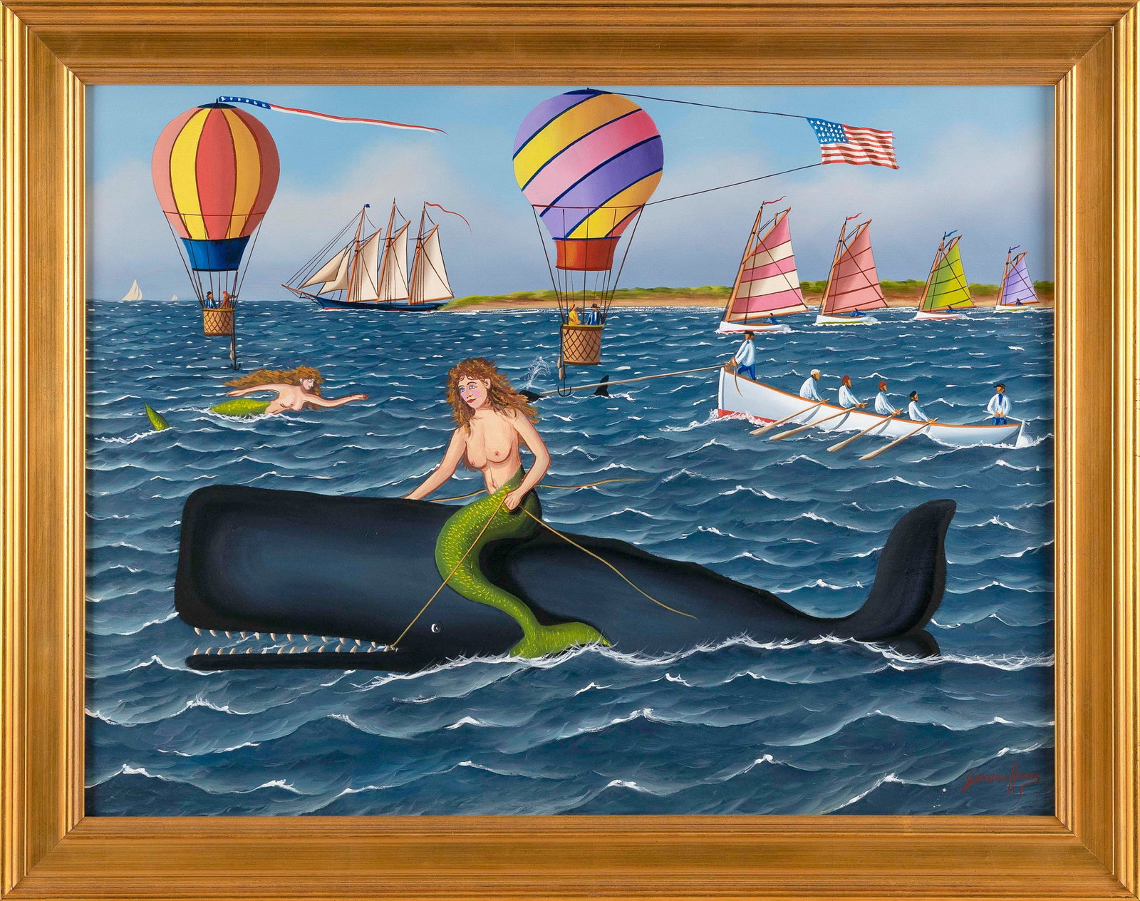 JEROME HOWES (New York/Massachusetts, 1955-), Mermaid riding a whale off the coast of Nantucket.,: JEROME HOWES New York/Massachusetts, 1955- Mermaid riding a whale off the coast of Nantucket. Signed lower right. Oil on board, 18" x 24". Framed 21.5" x 27.5".