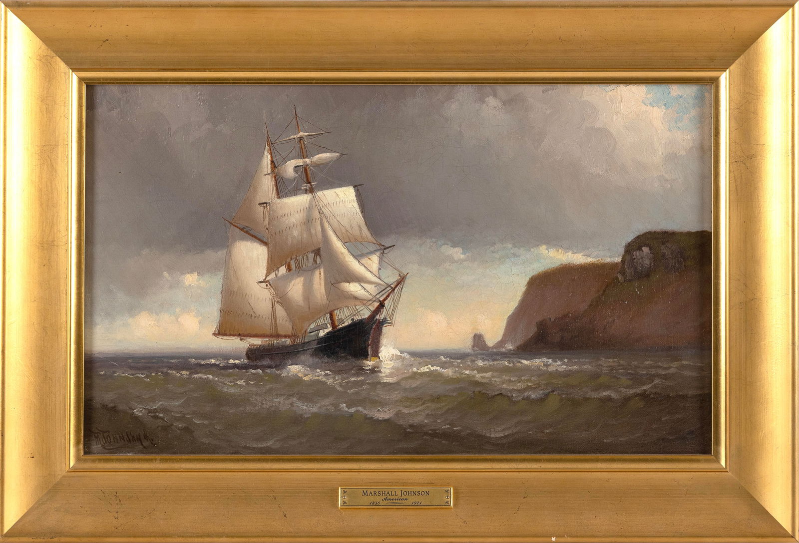 MARSHALL JOHNSON, JR. (Massachusetts, 1850-1921), Ship under sail near a rocky coast., Oil on: MARSHALL JOHNSON, JR.Massachusetts, 1850-1921Ship under sail near a rocky coast. Signed lower left "Marshall Johnson Jr.".Oil on canvas, 12" x 20". Framed 18" x 25".