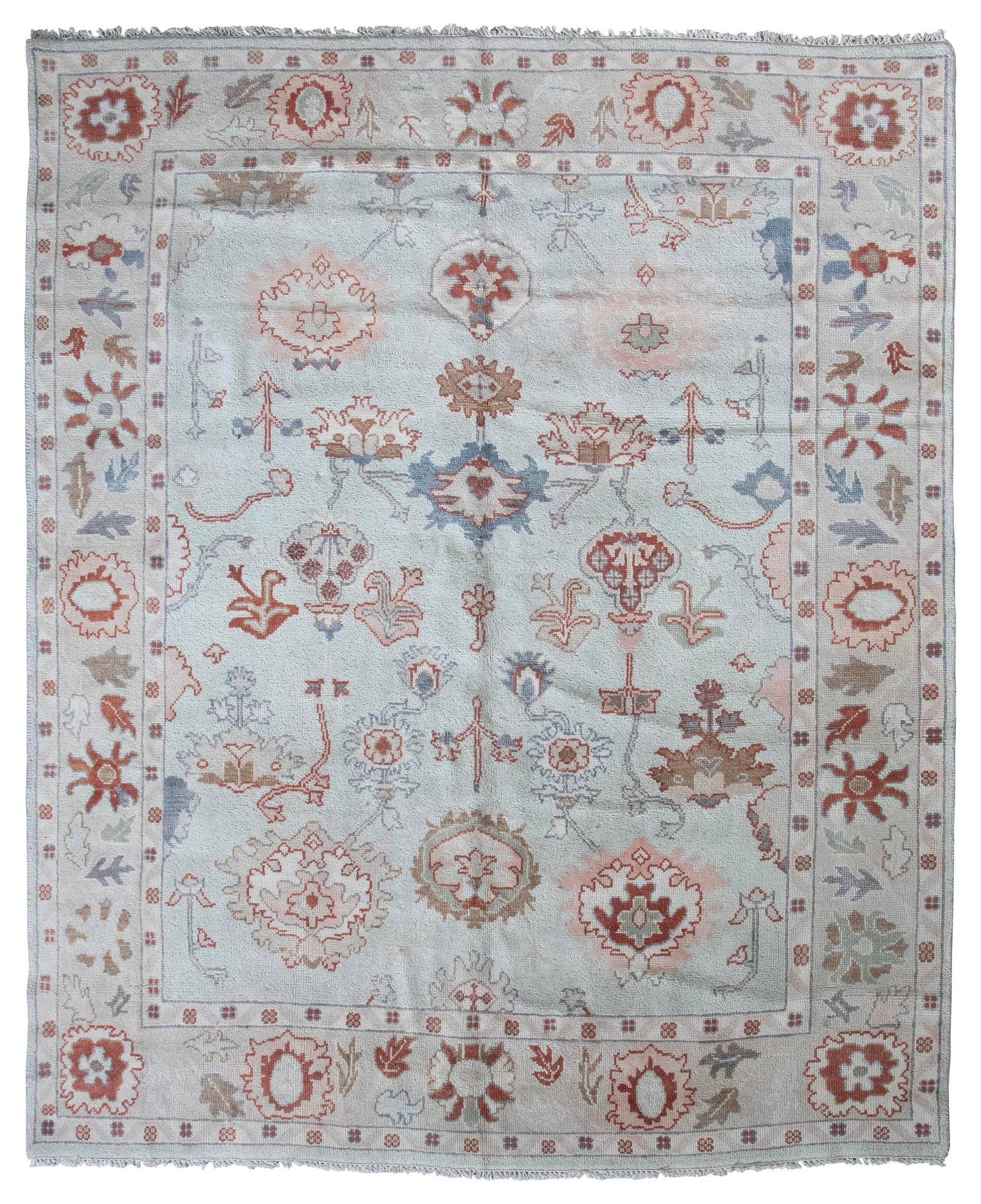 SULTANABAD DESIGN RUG: 8'0" X 9'9" 21st Century: SULTANABAD DESIGN RUG: 8'0" X 9'9"21st CenturyPale robin's-egg blue field with olive green, dark red, slate blue, soft pink, celadon and ivory blossoms and branches linked by delicate vines. Narrow gu
