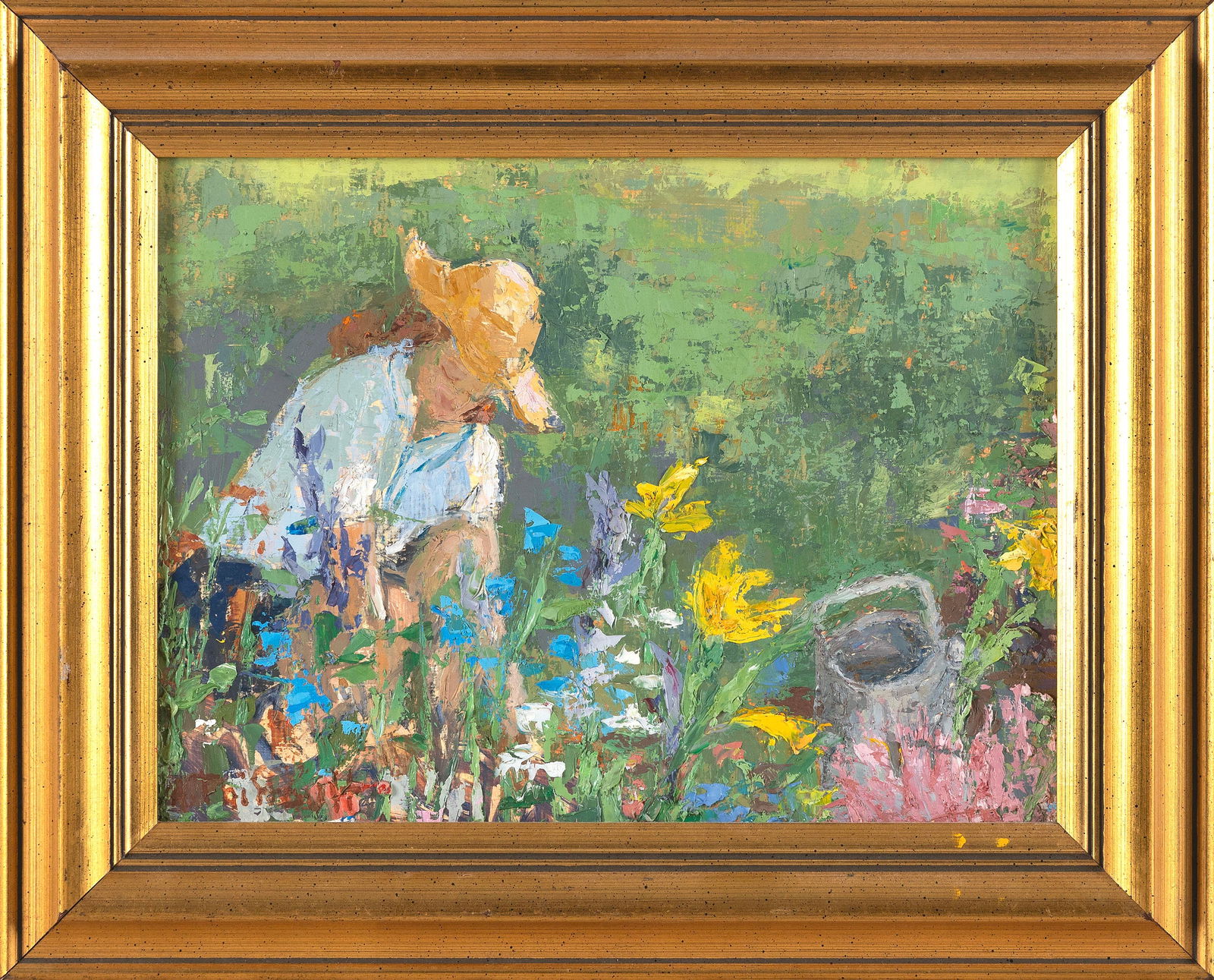 ANNE THIFFAULT (America, Contemporary), Woman gardening., Oil on board, 9" x 12". Framed 13" x 16". (1 of 2)